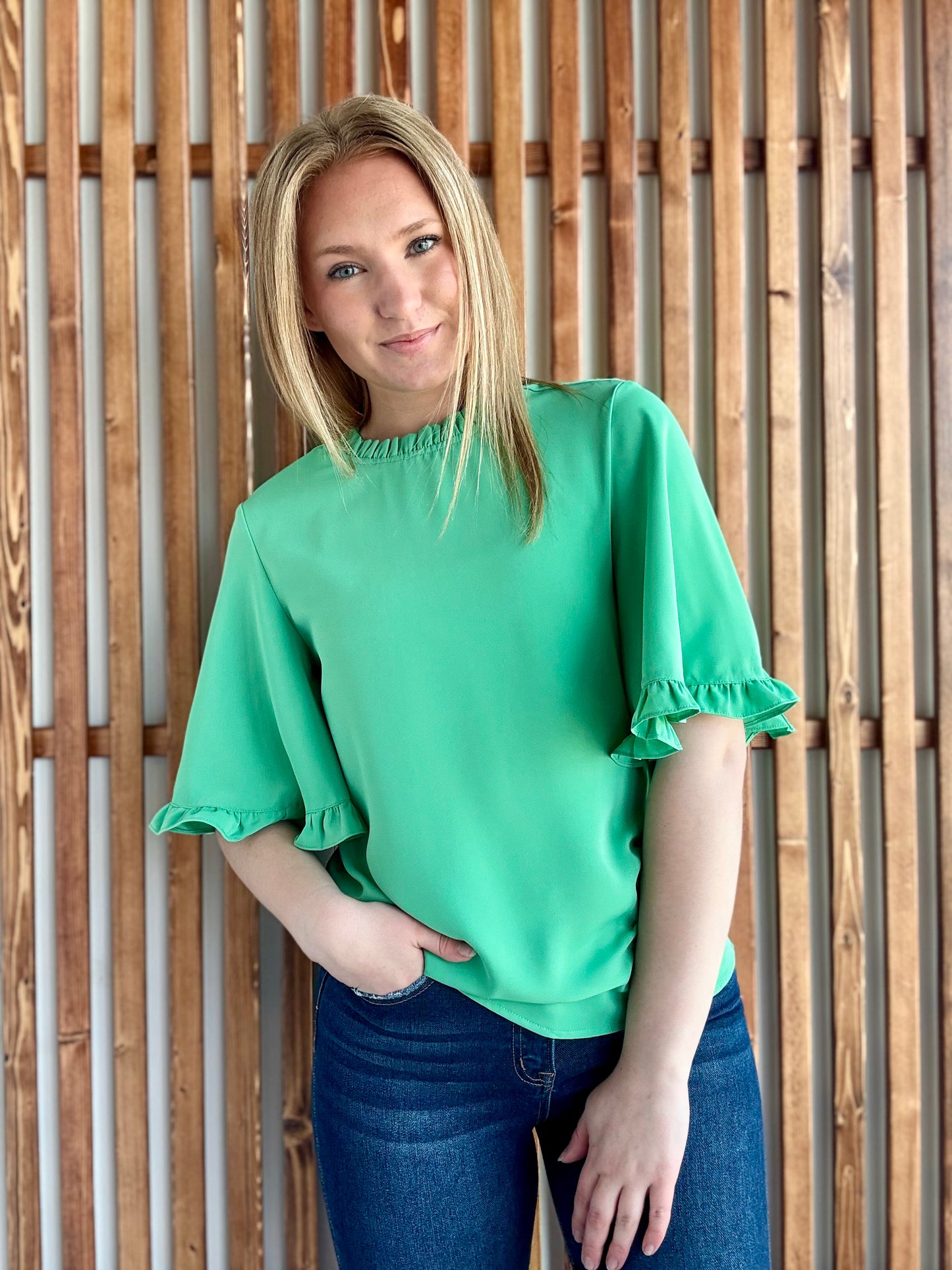 Green Frilly Round Neck Blouse