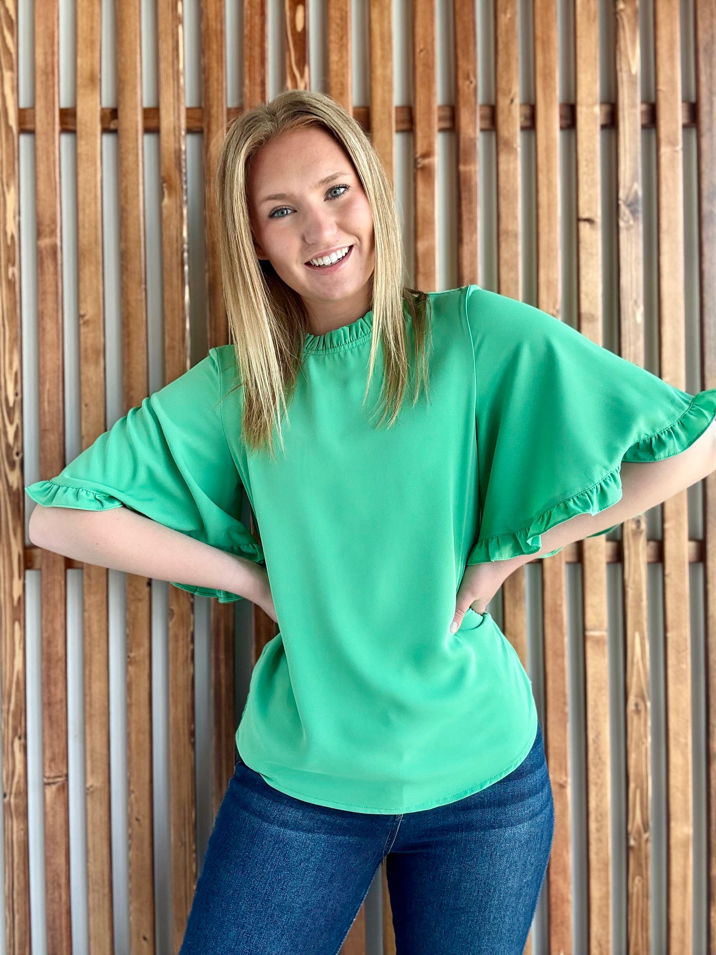 Green Frilly Round Neck Blouse