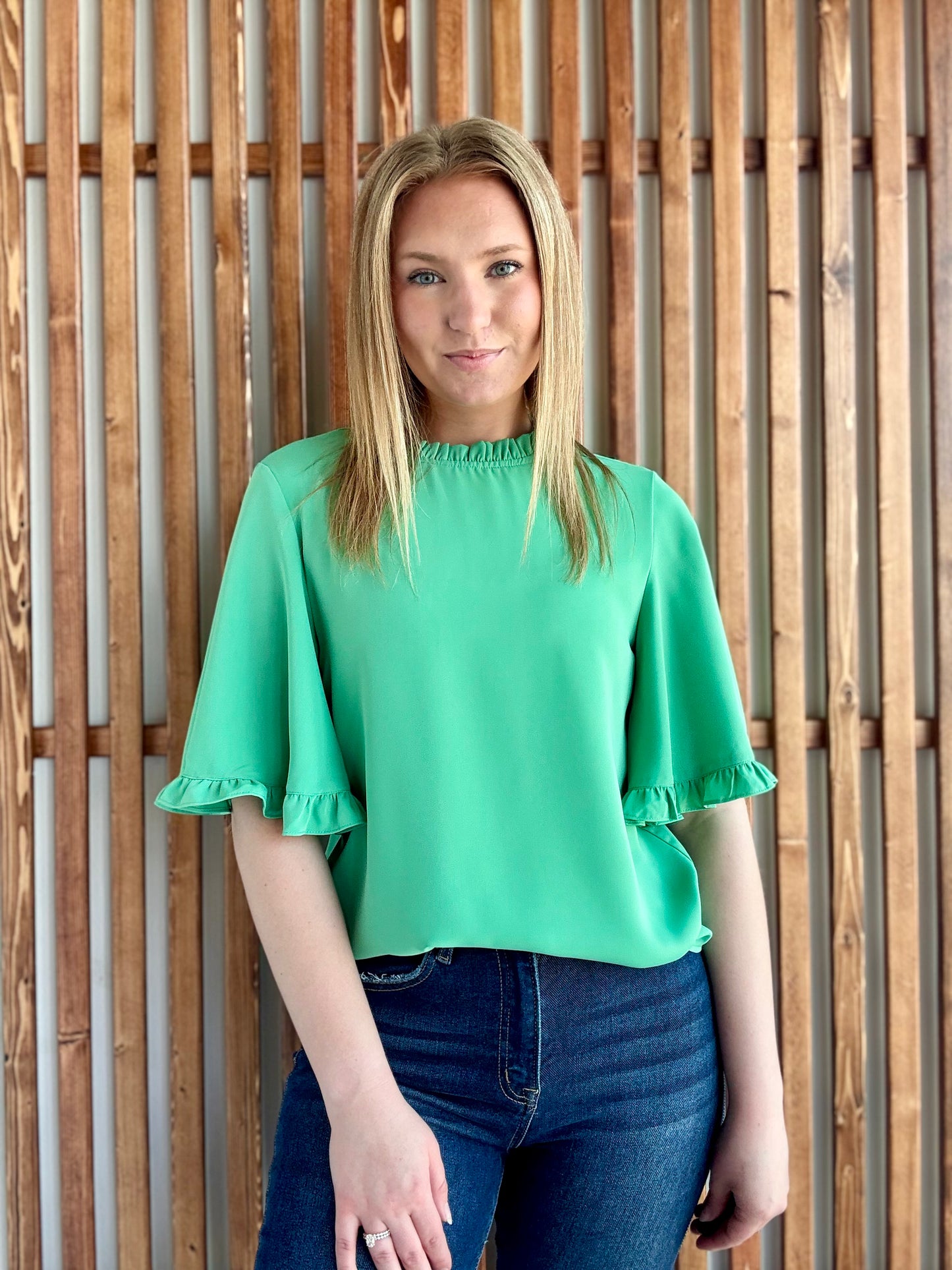 Green Frilly Round Neck Blouse