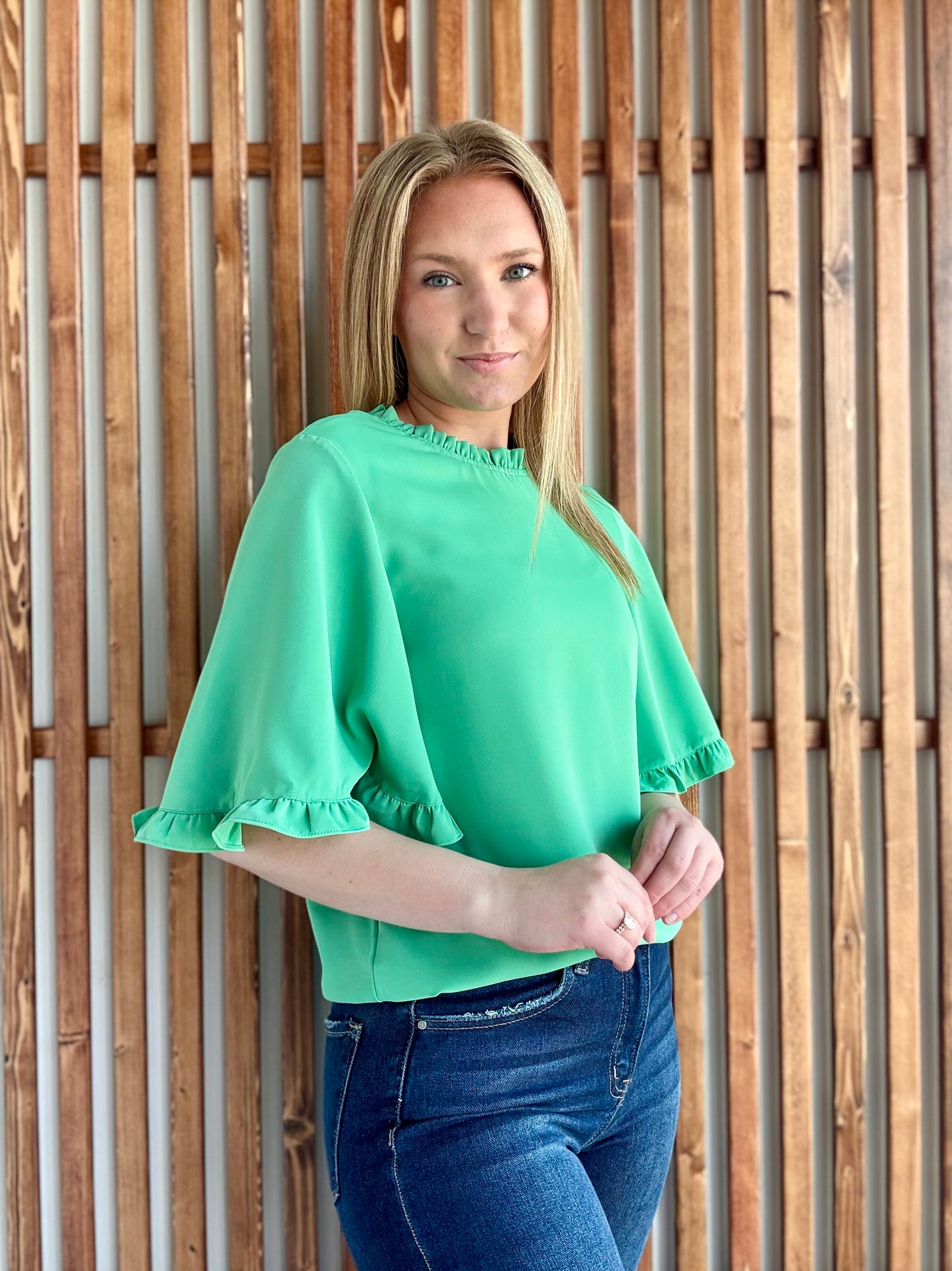 Green Frilly Round Neck Blouse