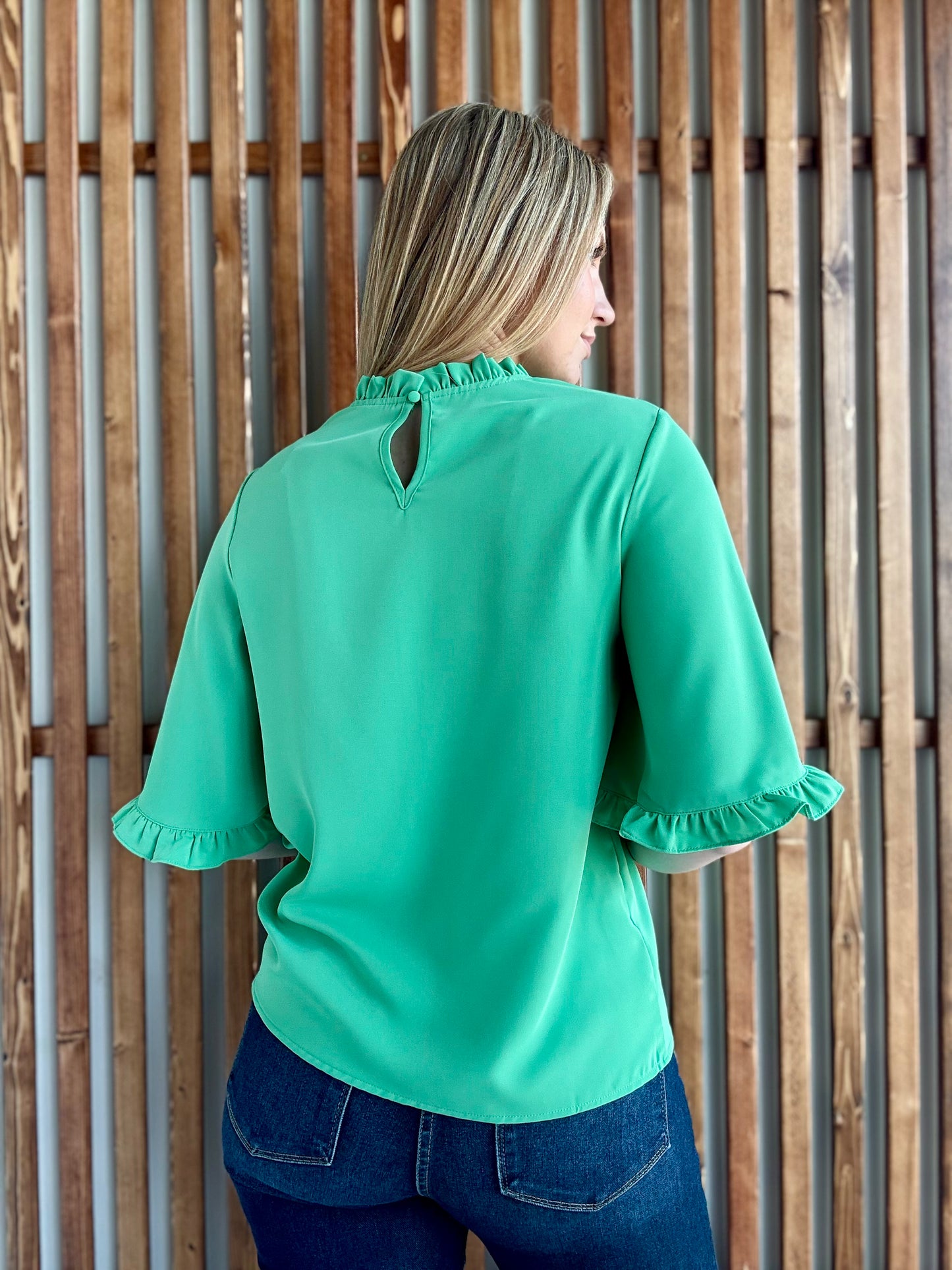 Green Frilly Round Neck Blouse