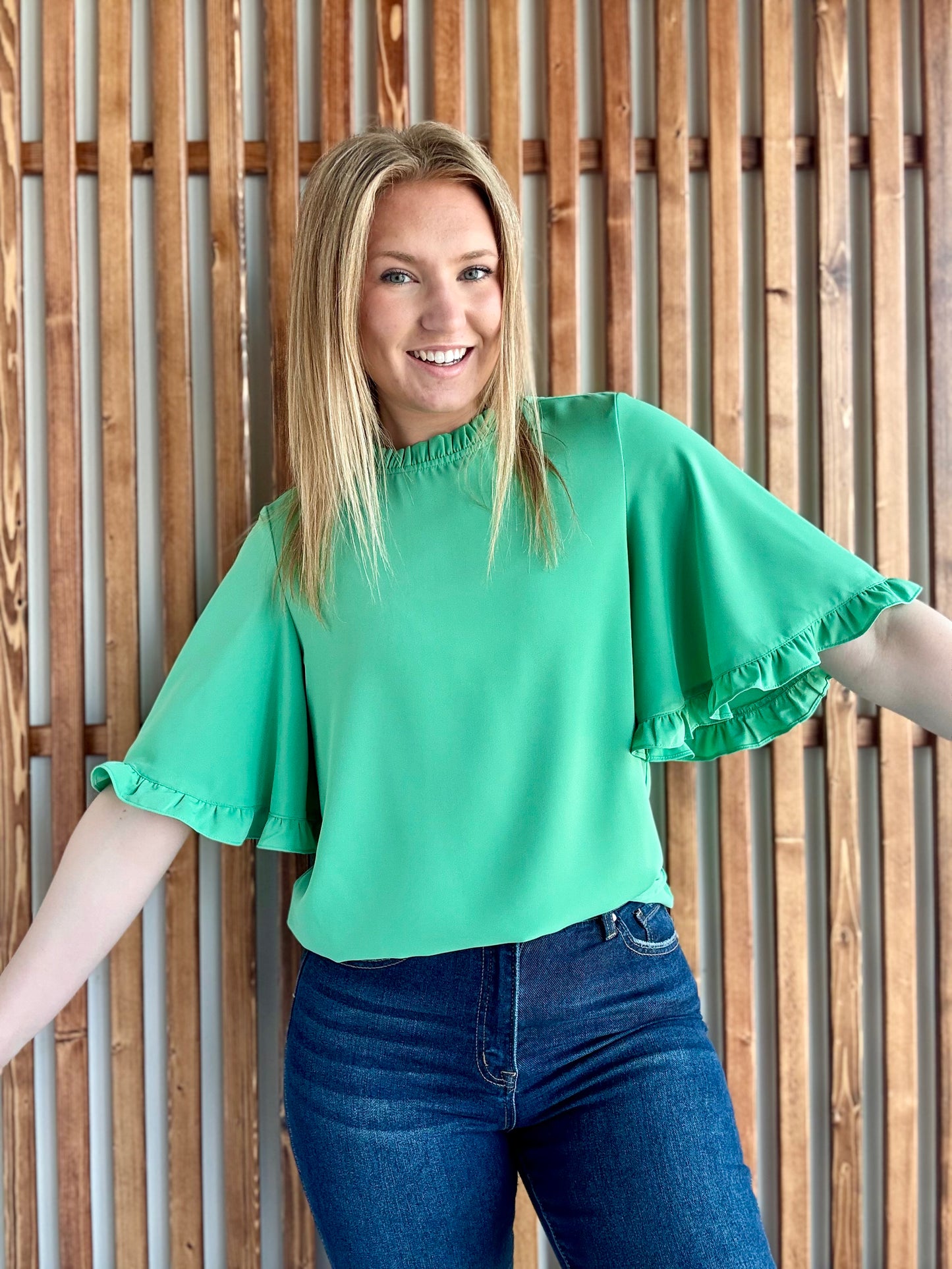 Green Frilly Round Neck Blouse
