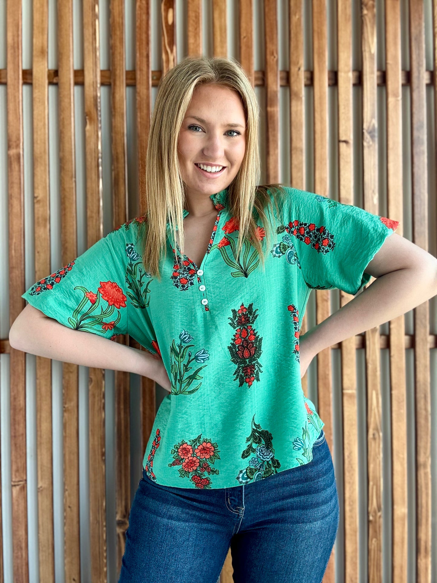 Green Floral Print Button V-Neck Blouse