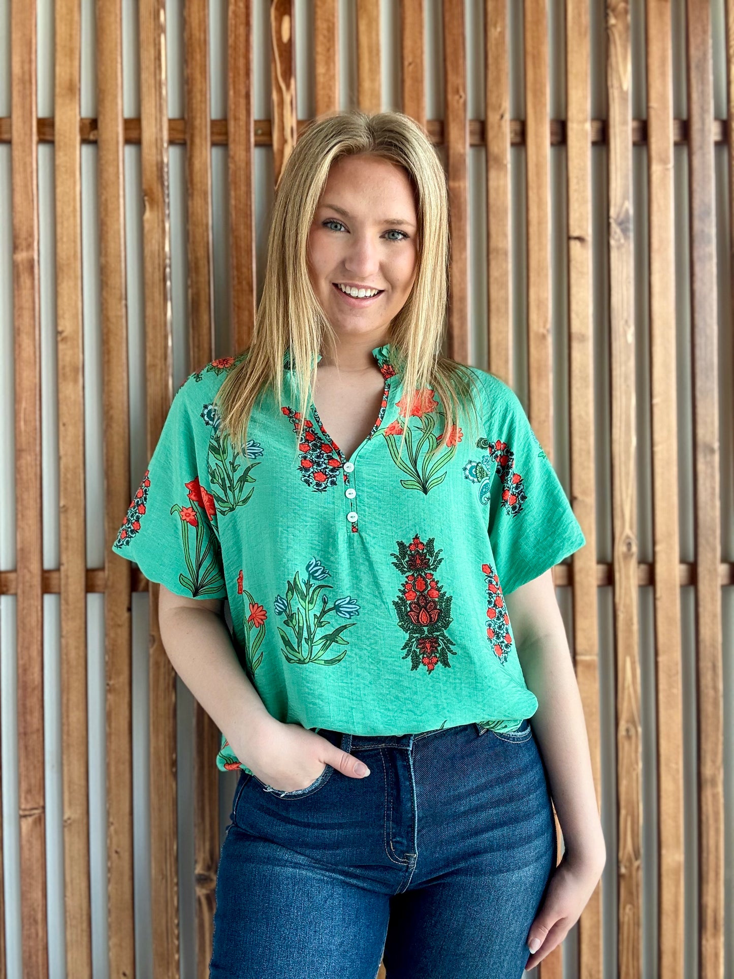 Green Floral Print Button V-Neck Blouse