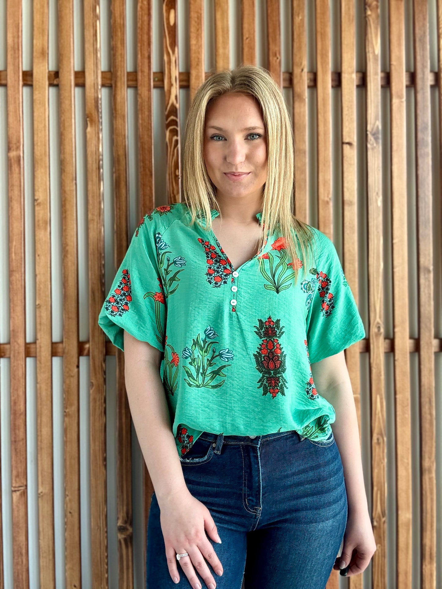 Green Floral Print Button V-Neck Blouse