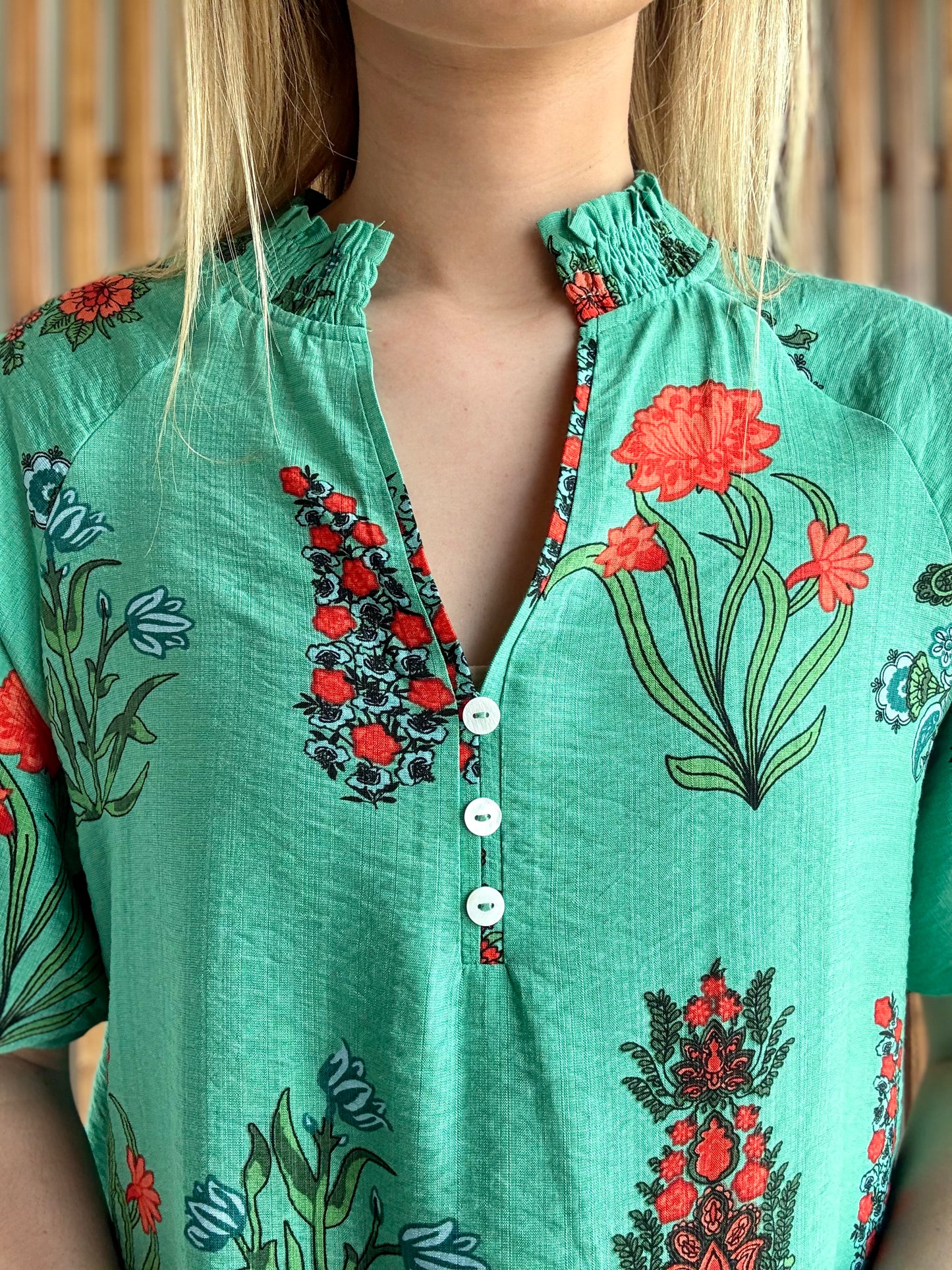 Green Floral Print Button V-Neck Blouse
