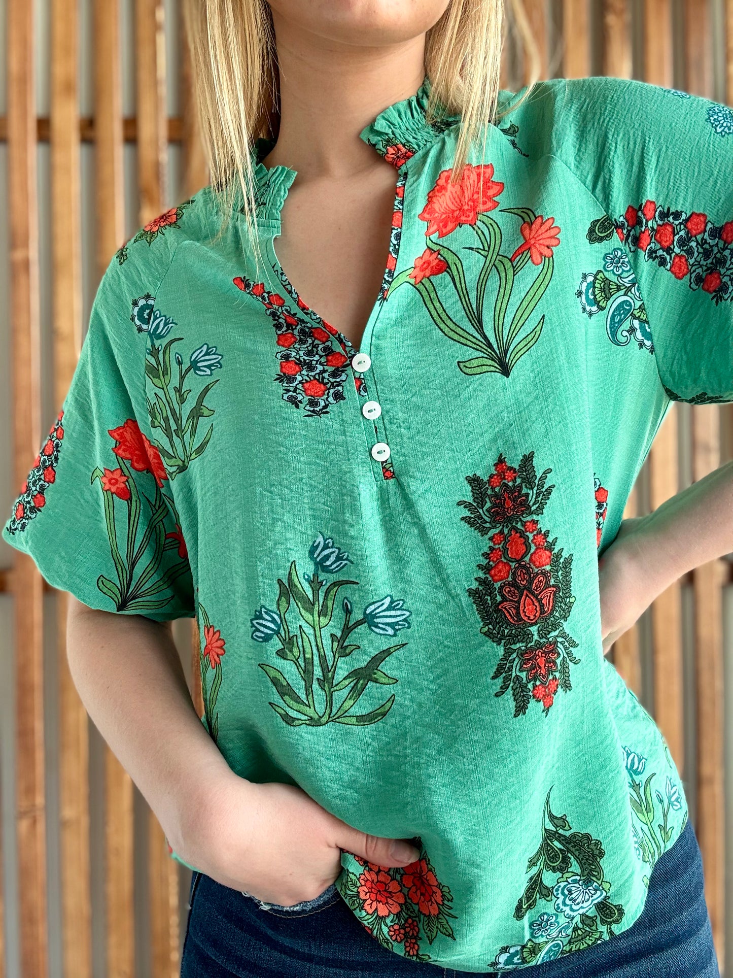 Green Floral Print Button V-Neck Blouse