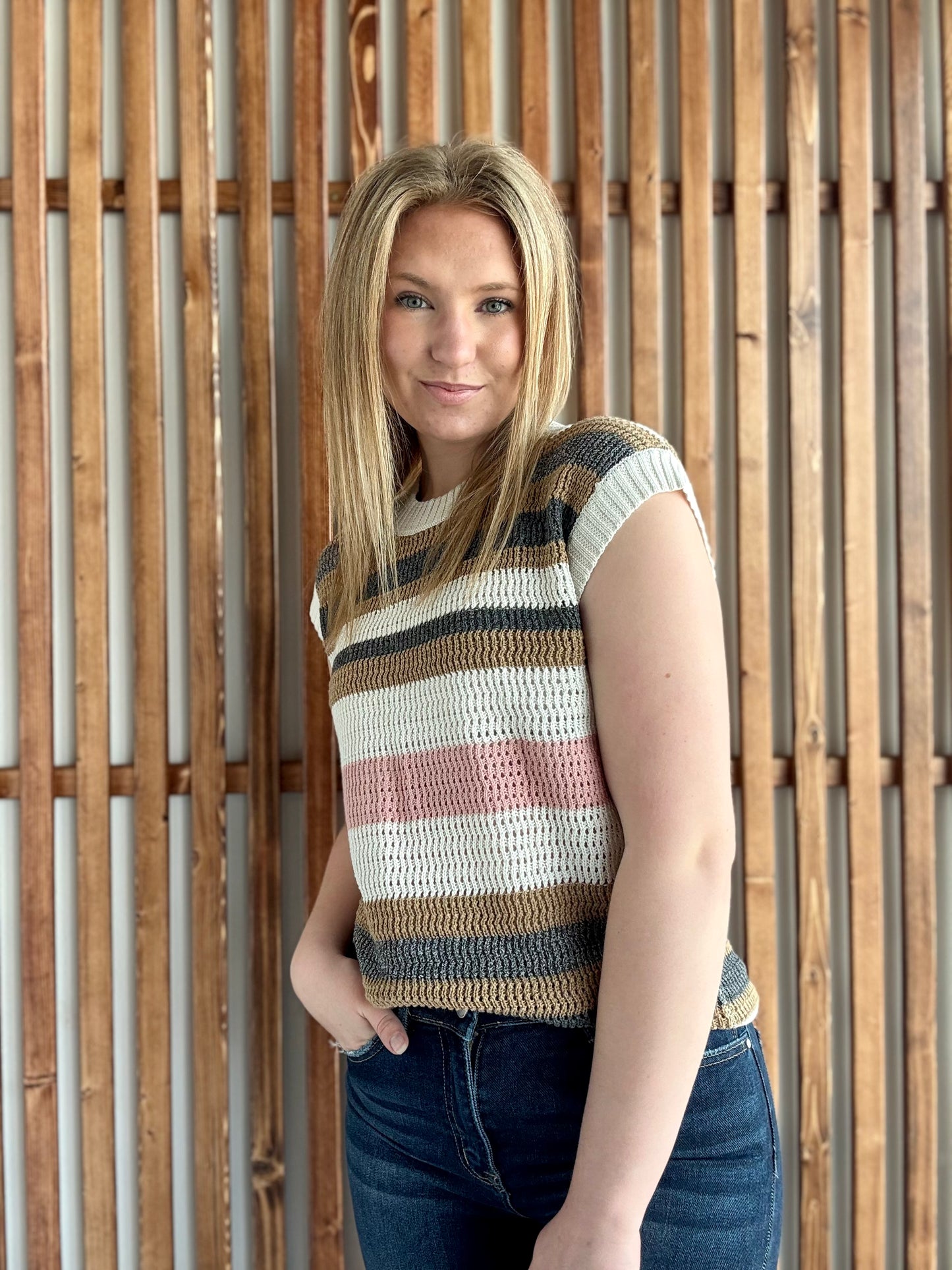 Stripe Color Block Short Sleeve Sweater