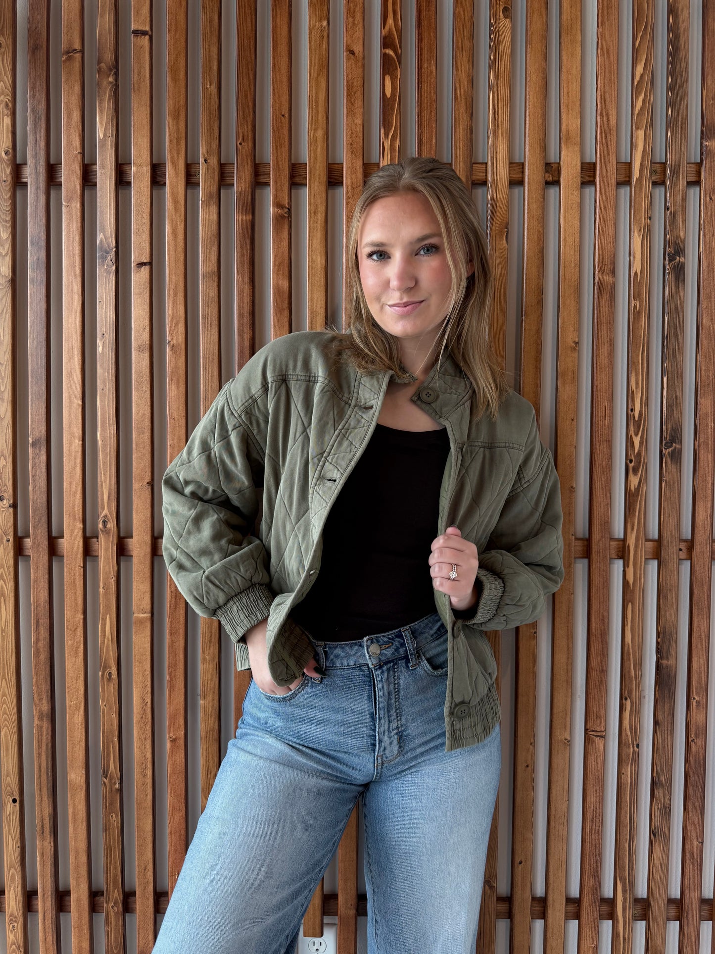 Washed Quilted Button Down Jacket - Olive