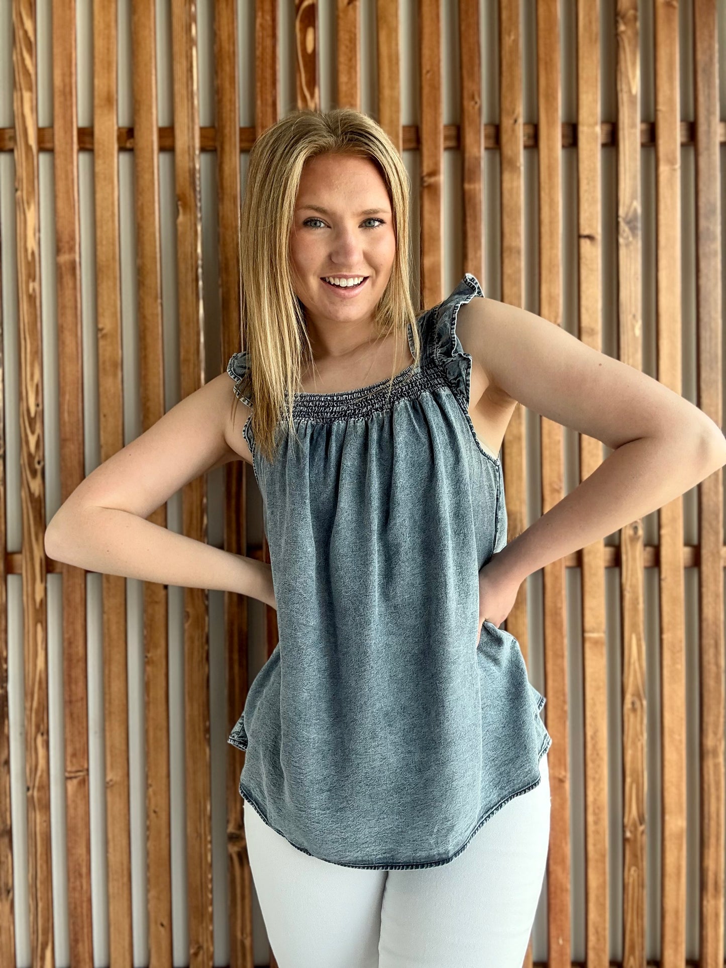 Ruffled Square Neck Denim Tank