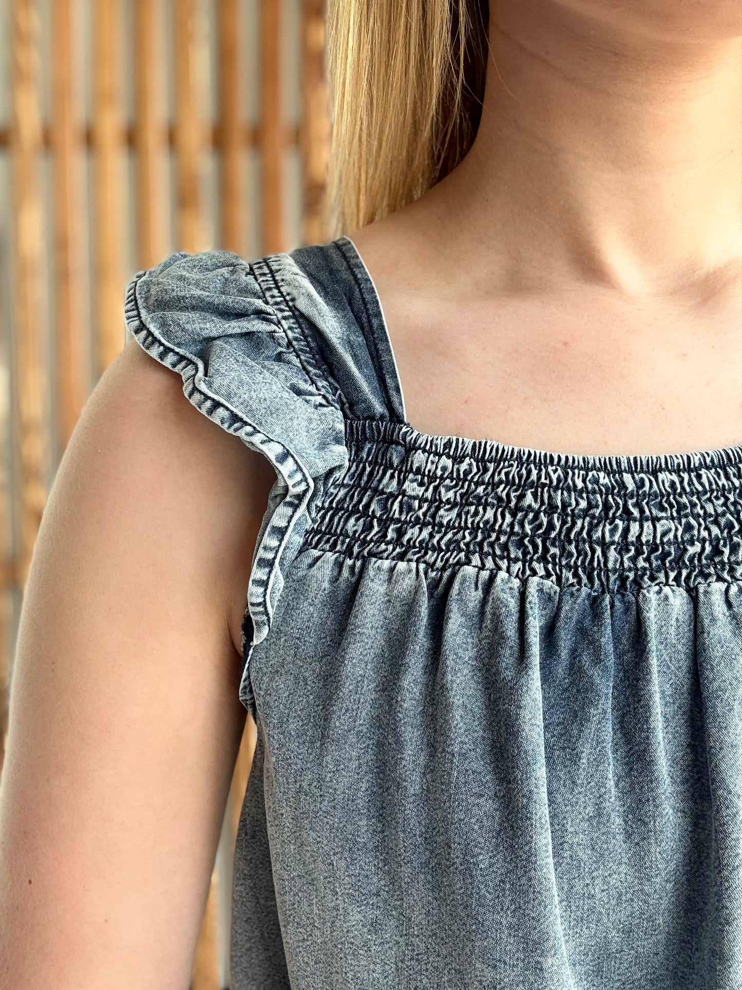 Ruffled Square Neck Denim Tank