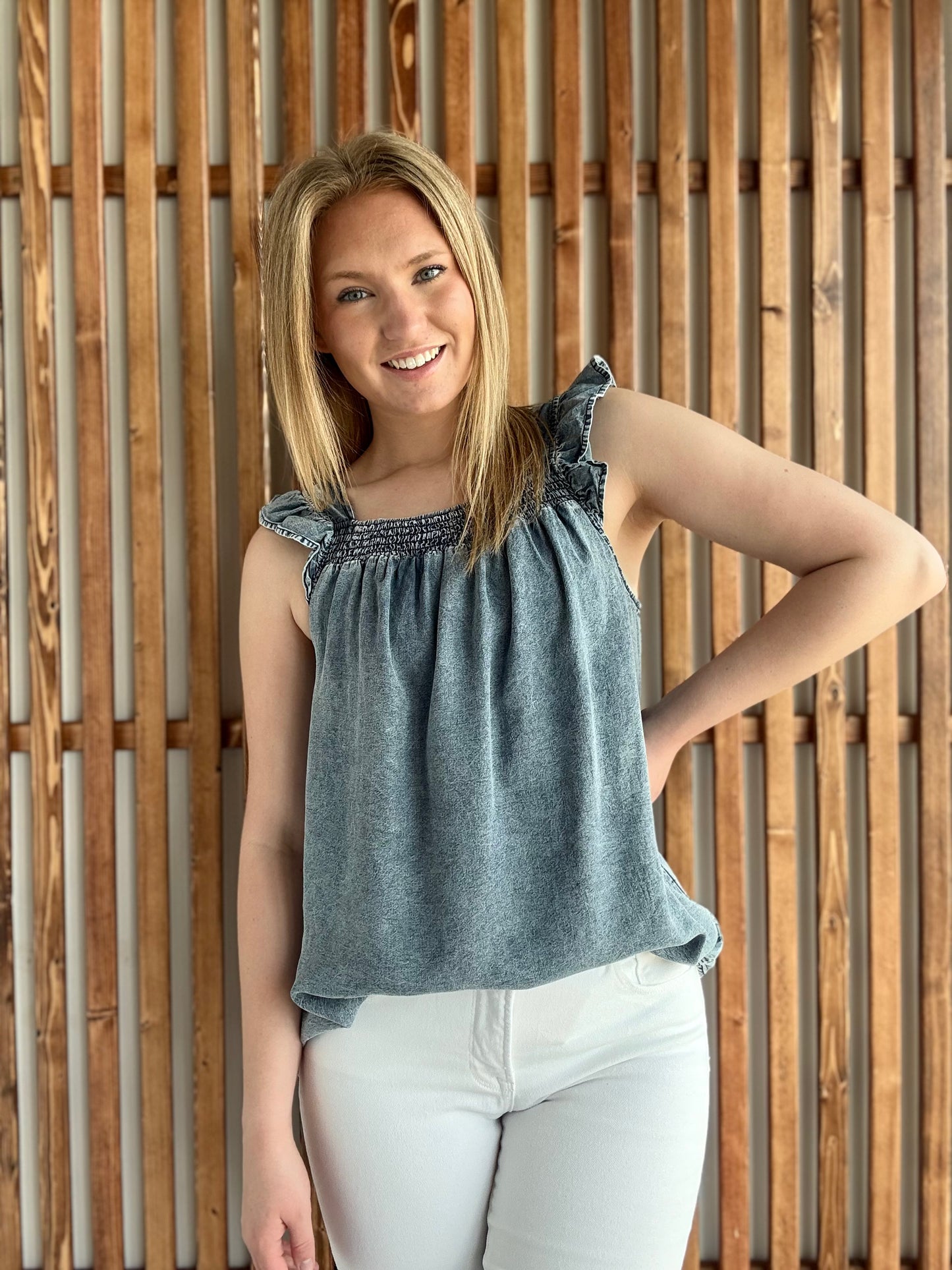 Ruffled Square Neck Denim Tank