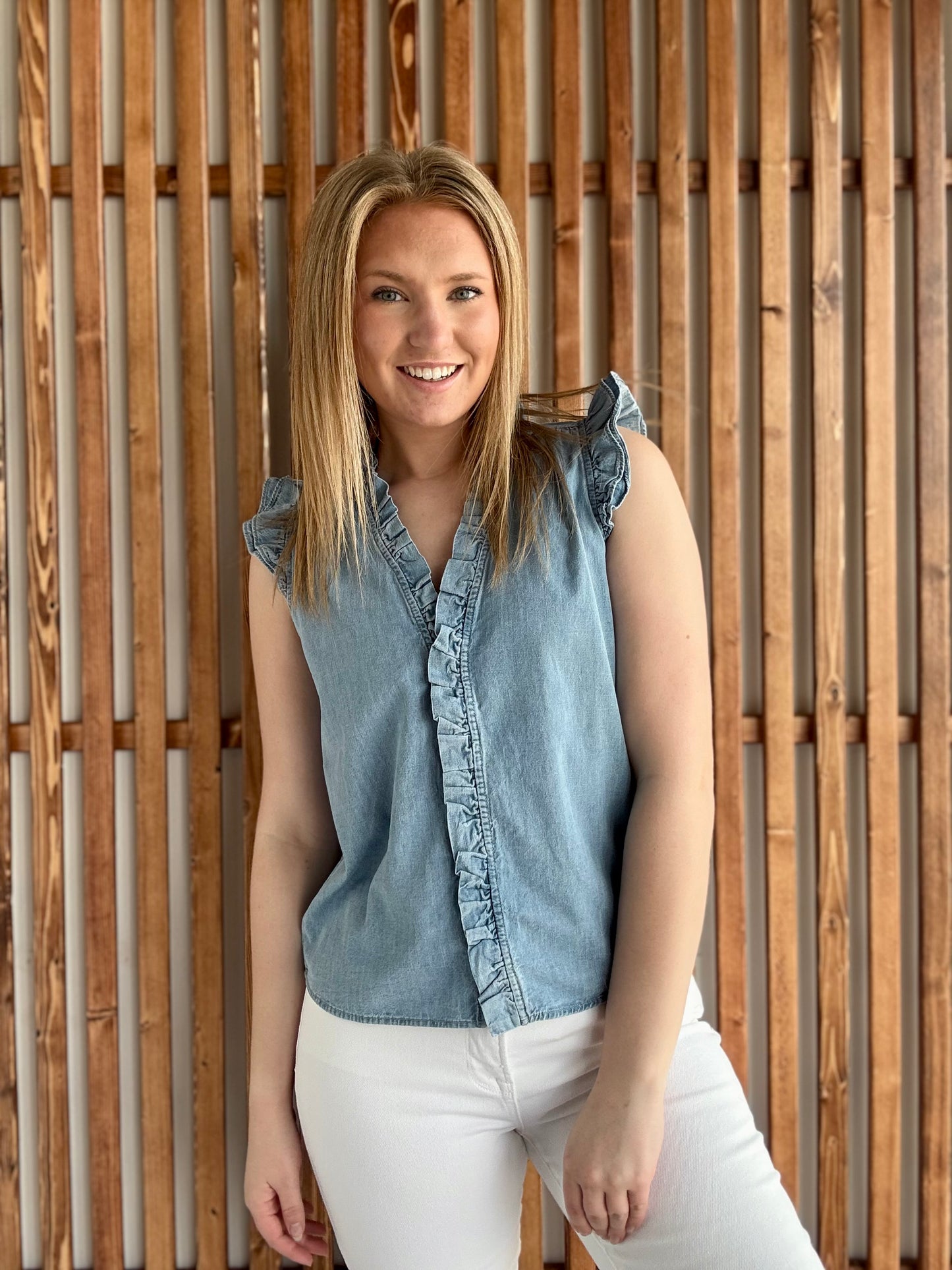 Frilly Ruffle Trim Chambray Tank Top