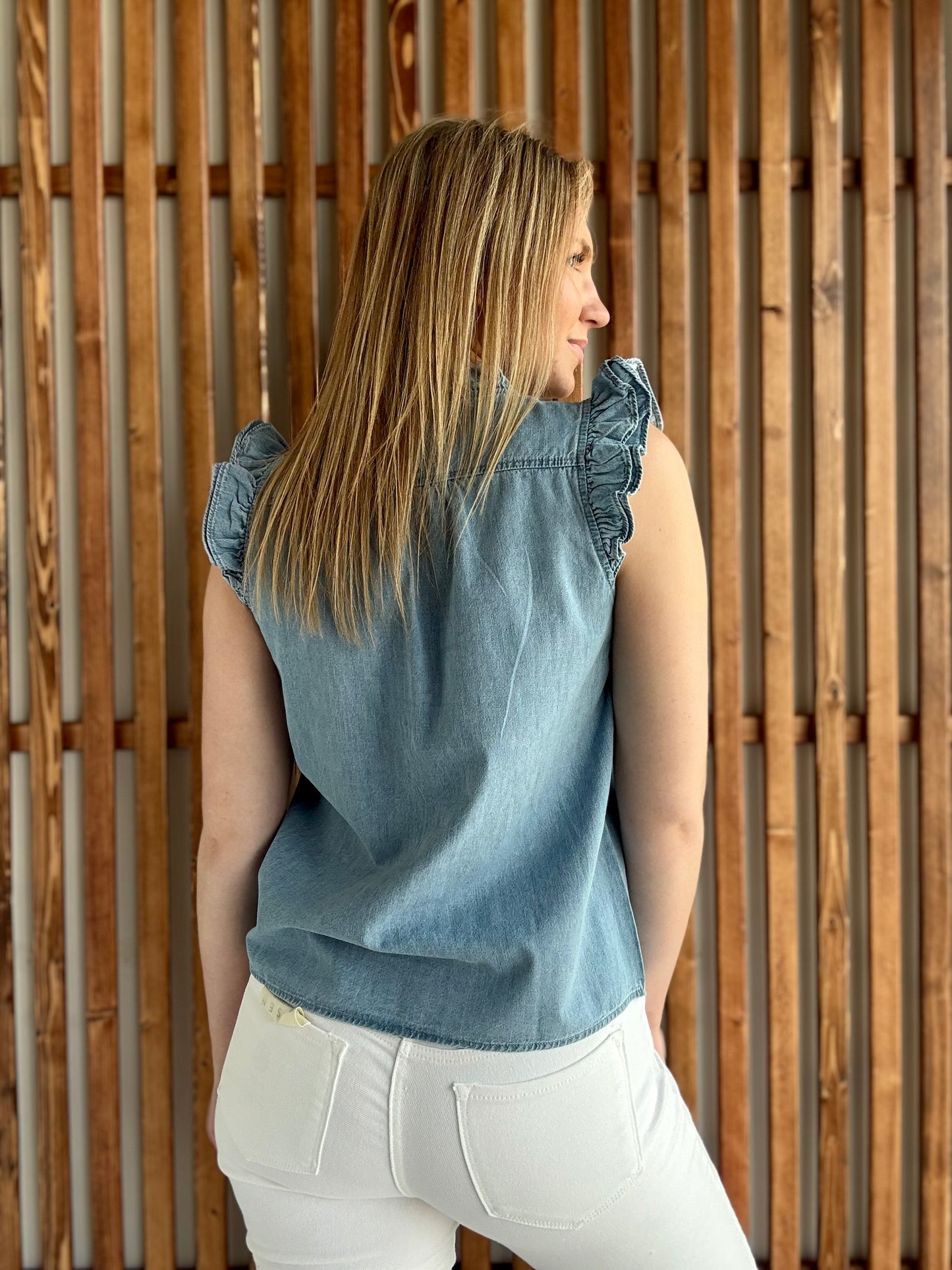 Frilly Ruffle Trim Chambray Tank Top