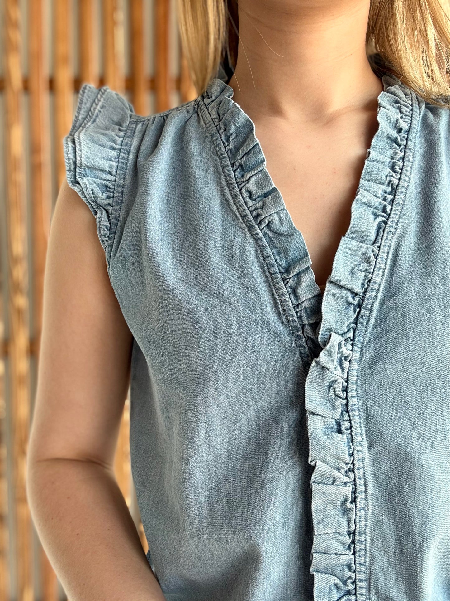 Frilly Ruffle Trim Chambray Tank Top
