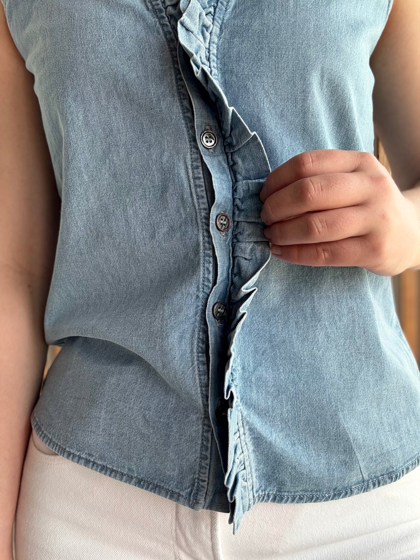 Frilly Ruffle Trim Chambray Tank Top