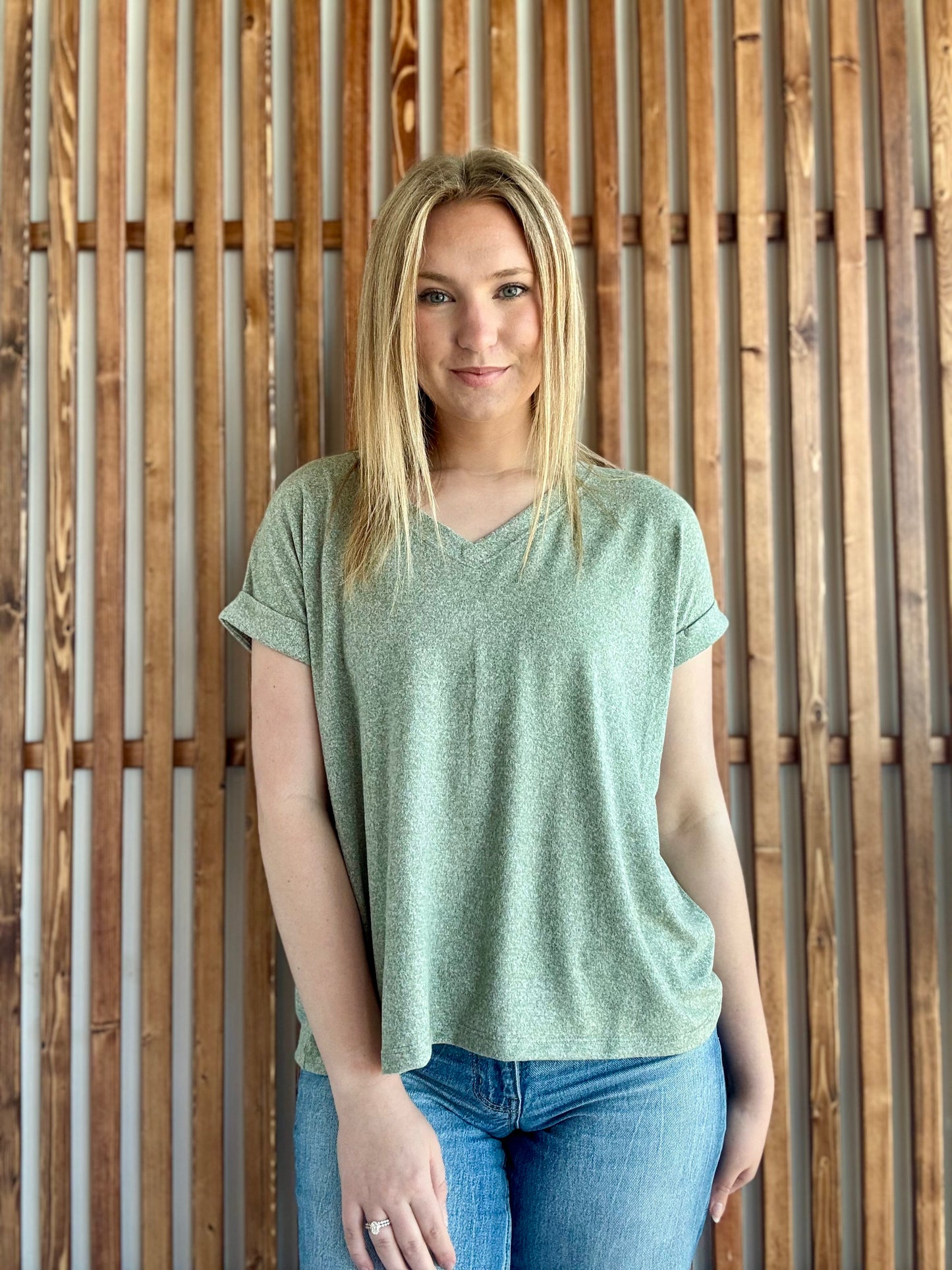 Soft Melange Hacci V-neck Tee - Light Olive