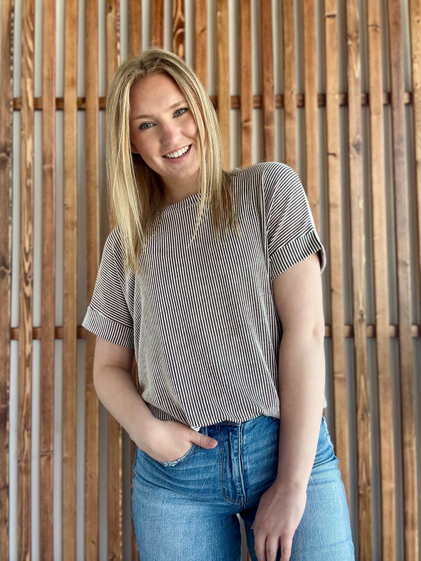 Corded Rib Short Sleeve Top - Brown