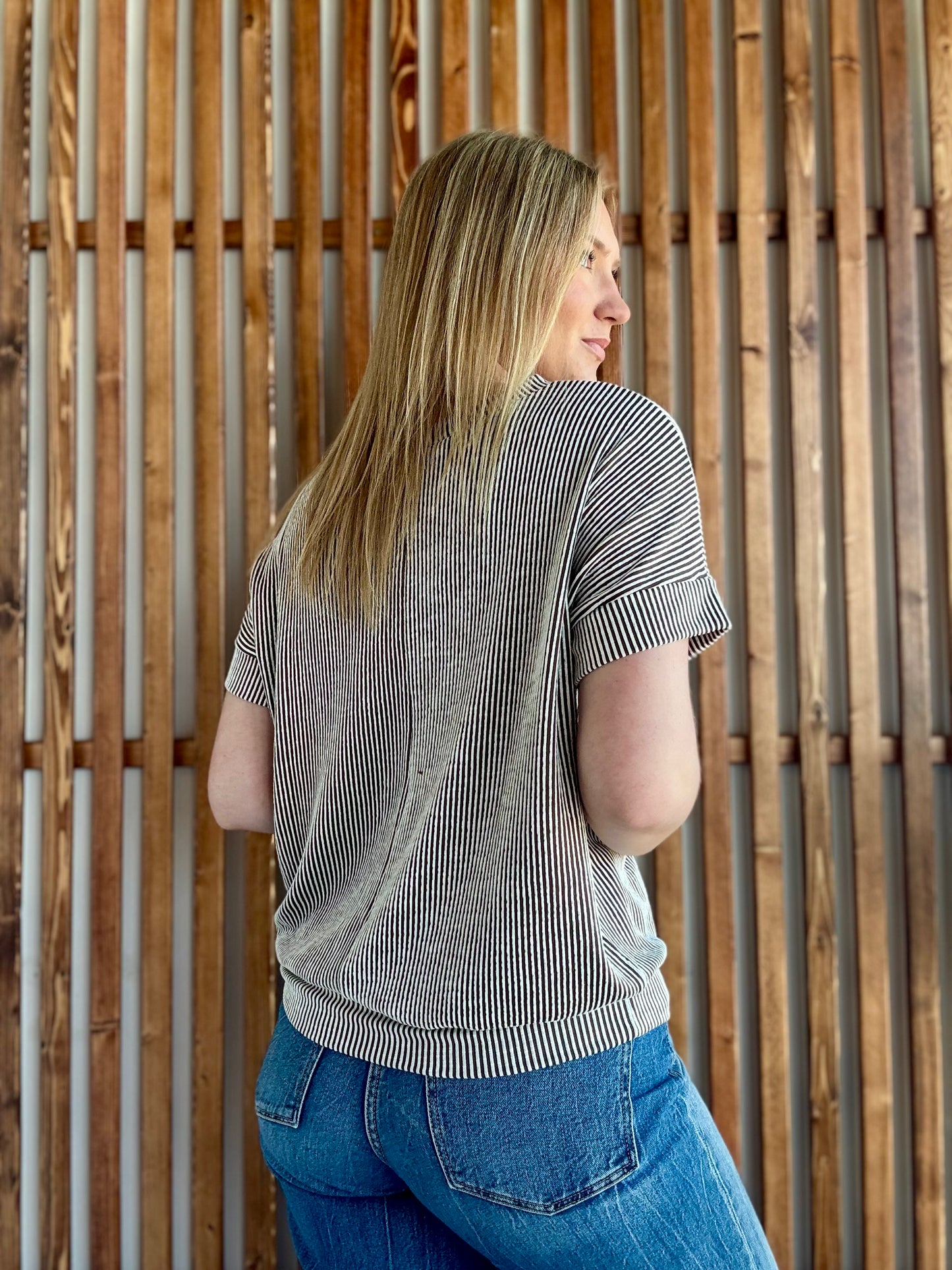 Corded Rib Short Sleeve Top - Brown