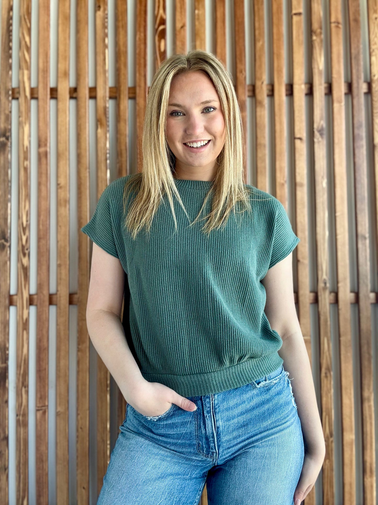 Banded Bottom Short Sleeve Sweater - Ash Jade