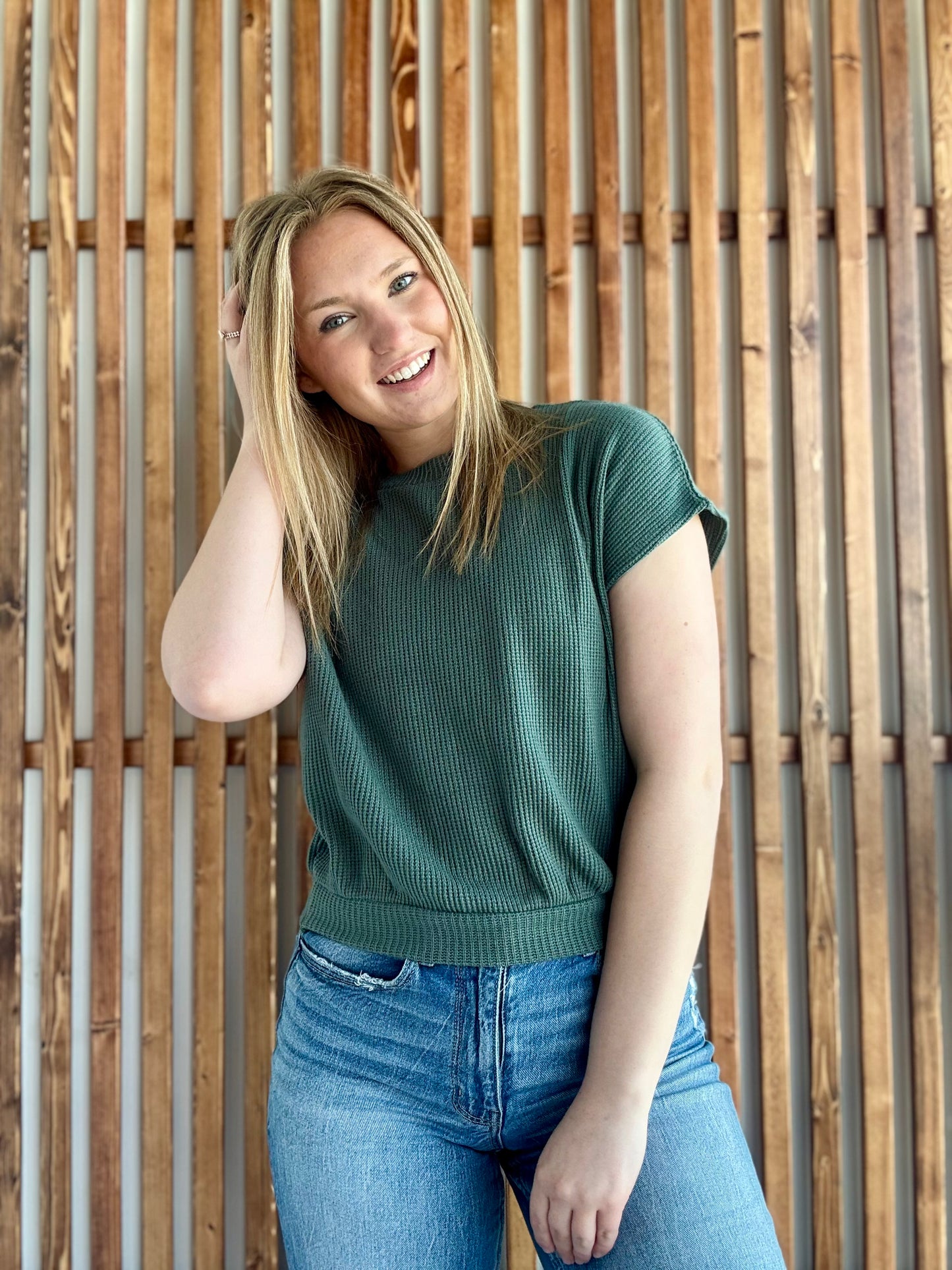 Banded Bottom Short Sleeve Sweater - Ash Jade