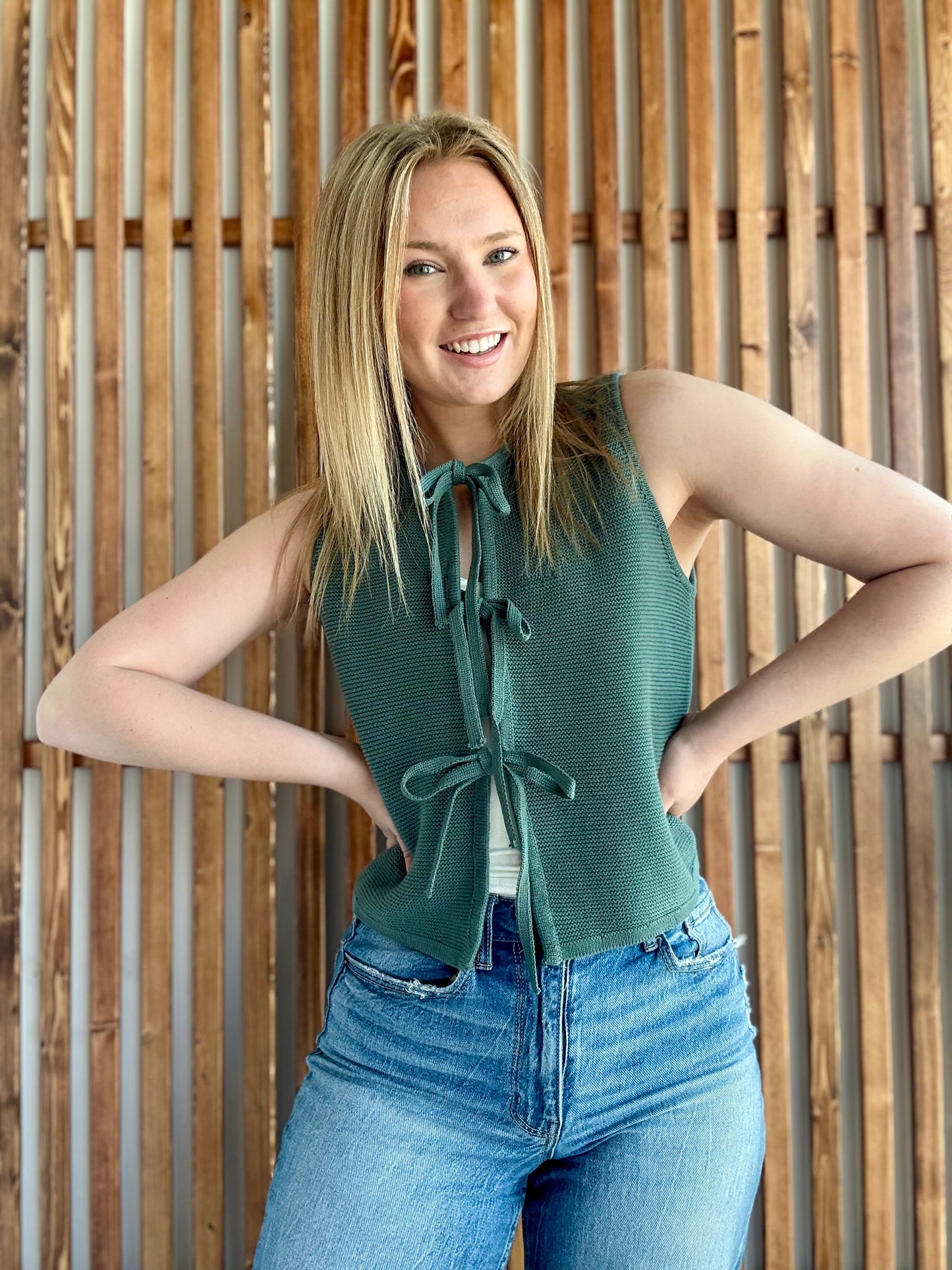 Tie Front Sweater Vest - Ash Jade