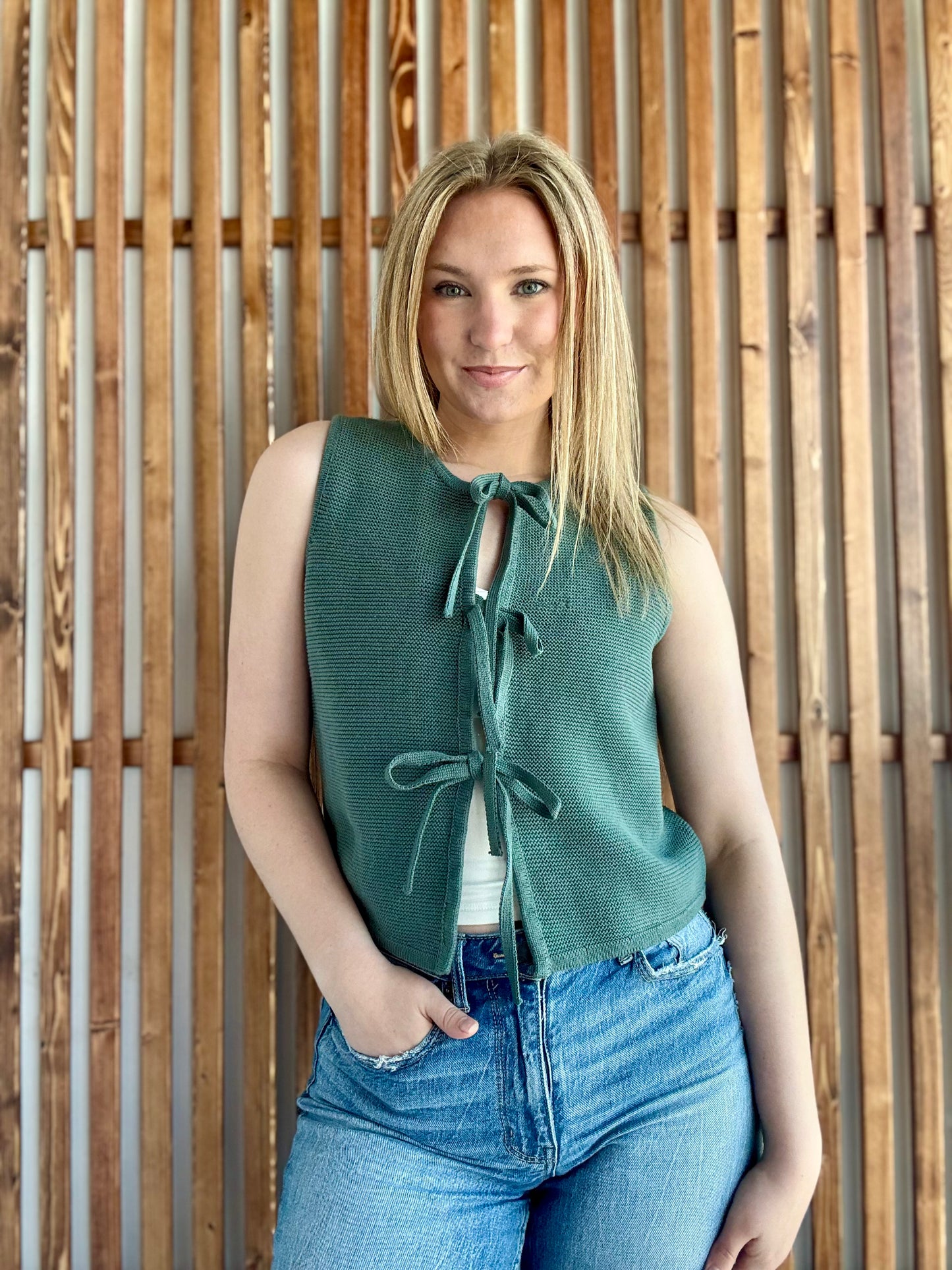 Tie Front Sweater Vest - Ash Jade