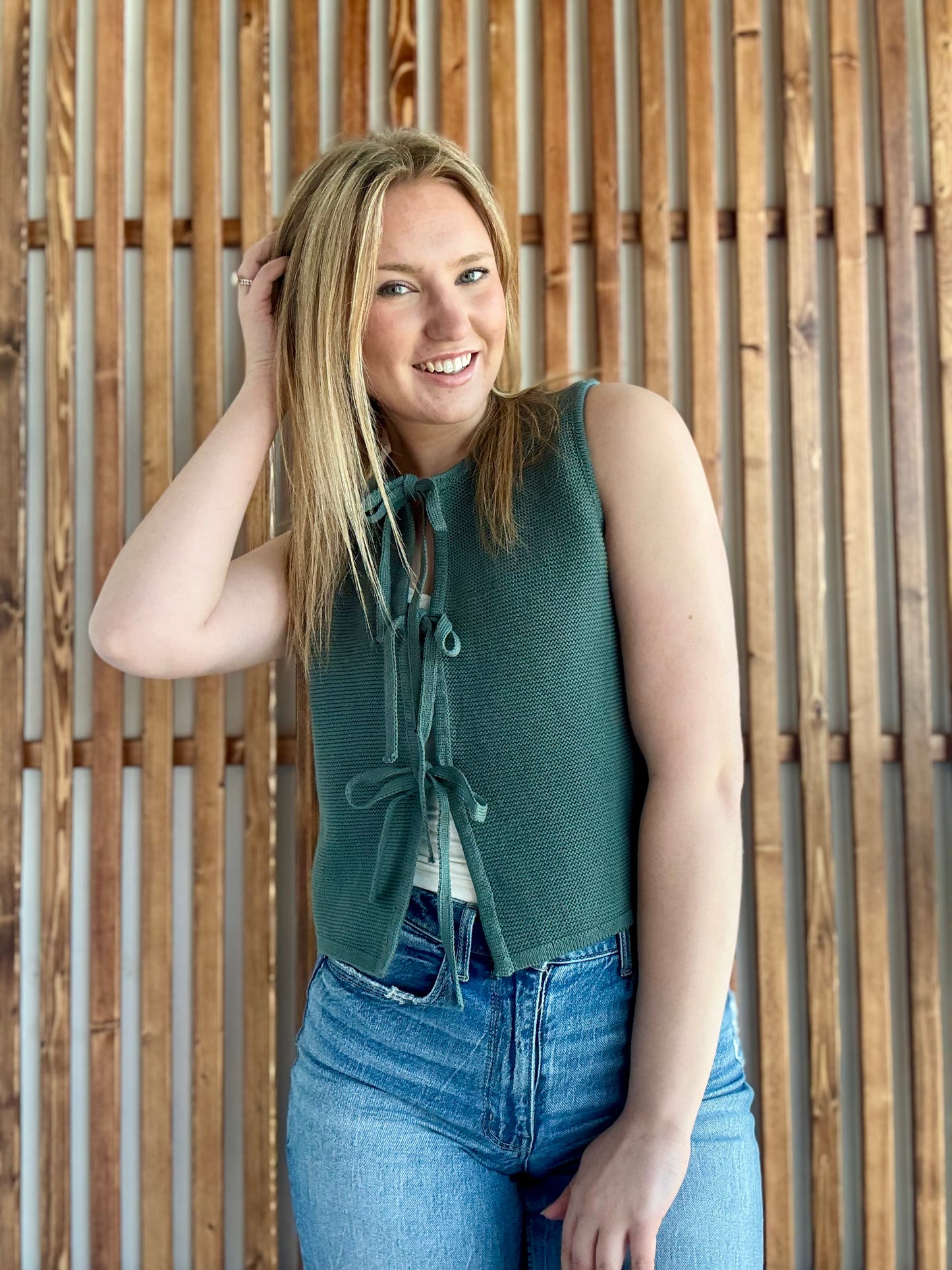 Tie Front Sweater Vest - Ash Jade