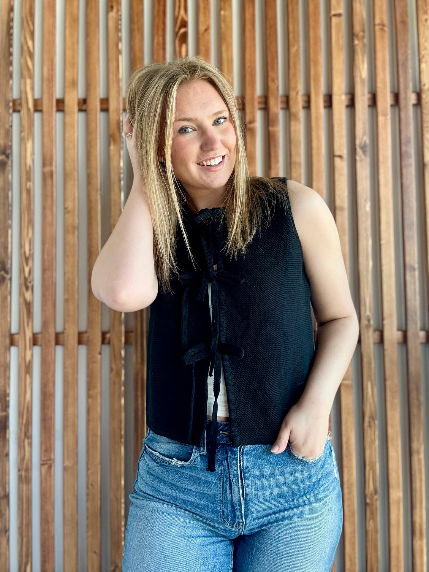 Tie Front Sweater Vest - Black