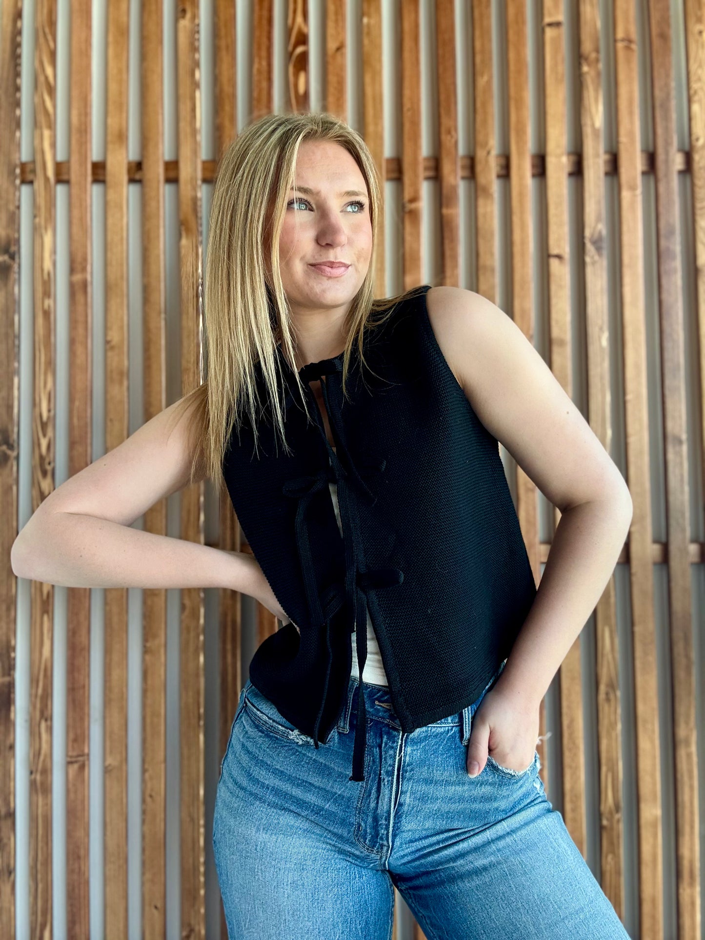 Tie Front Sweater Vest - Black