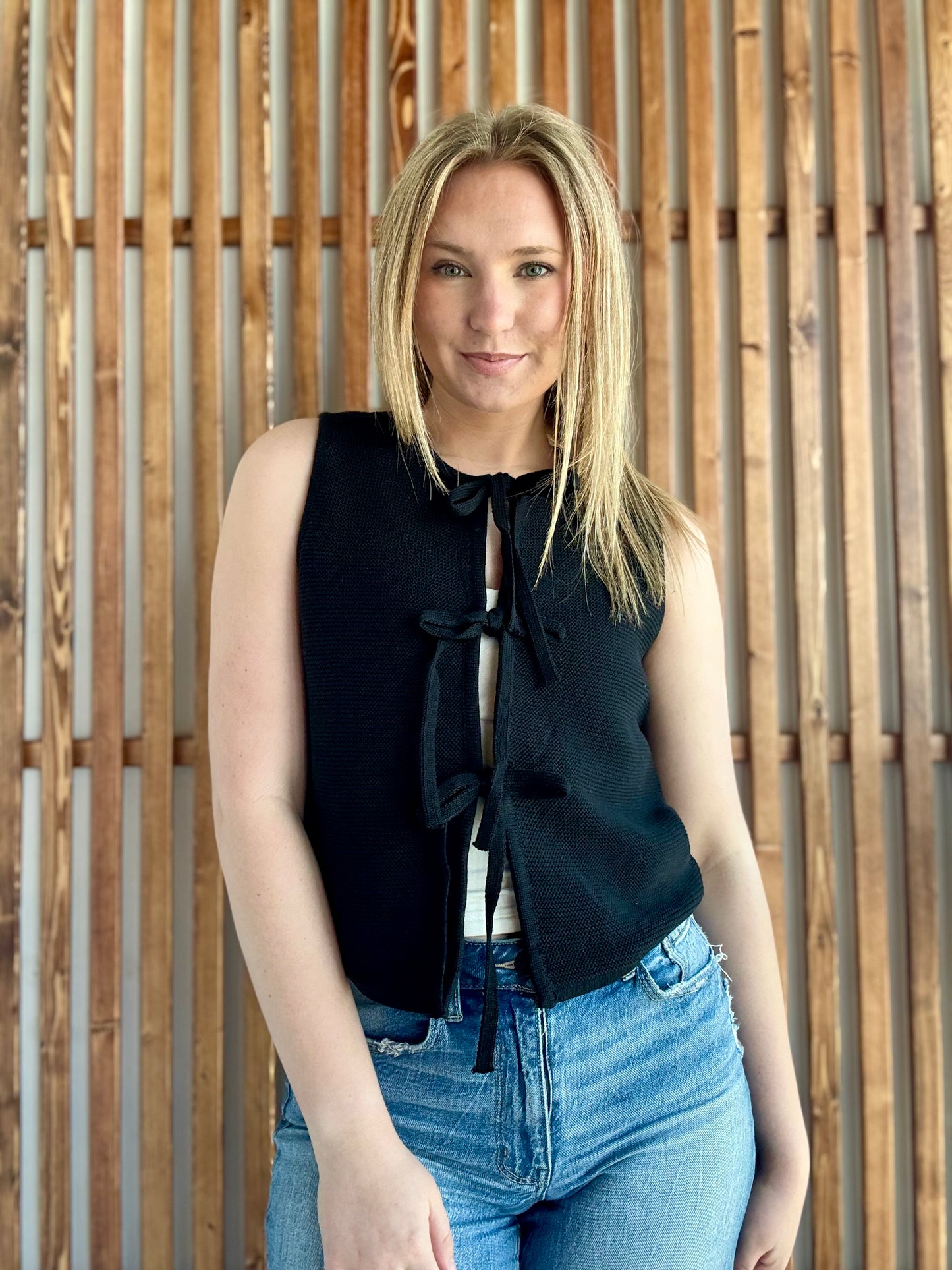 Tie Front Sweater Vest - Black