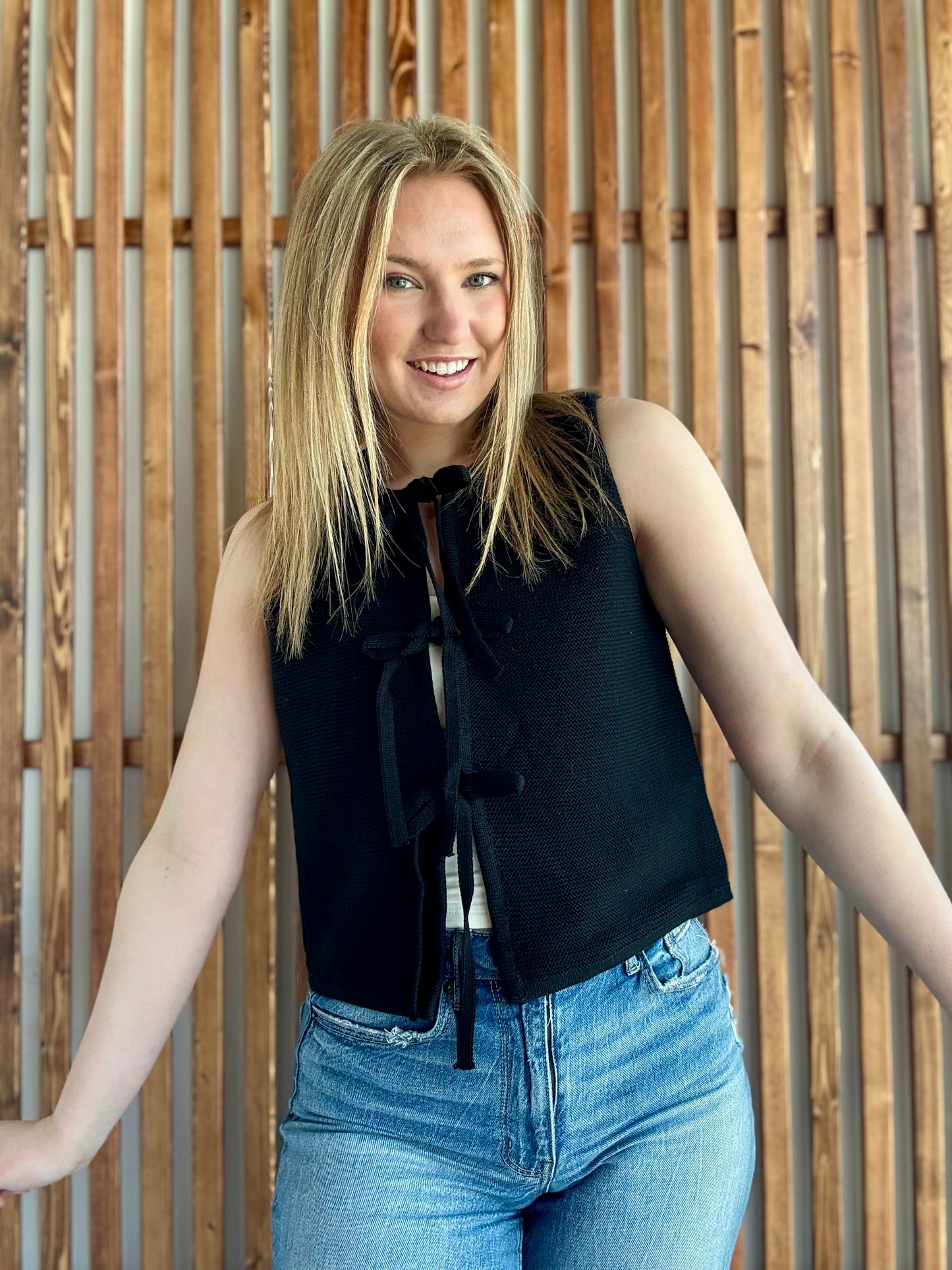 Tie Front Sweater Vest - Black