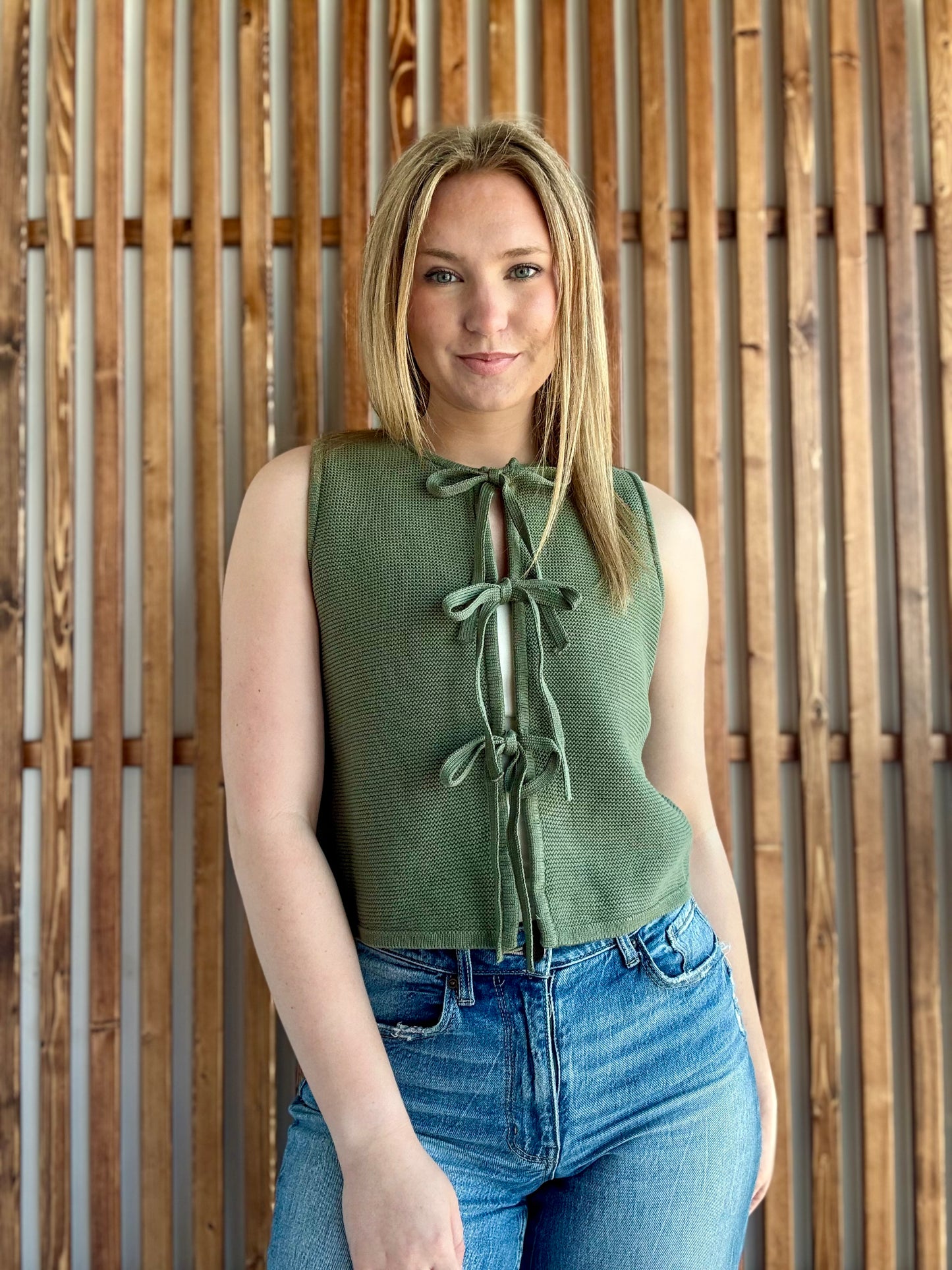 Tie Front Sweater Vest - Light Olive