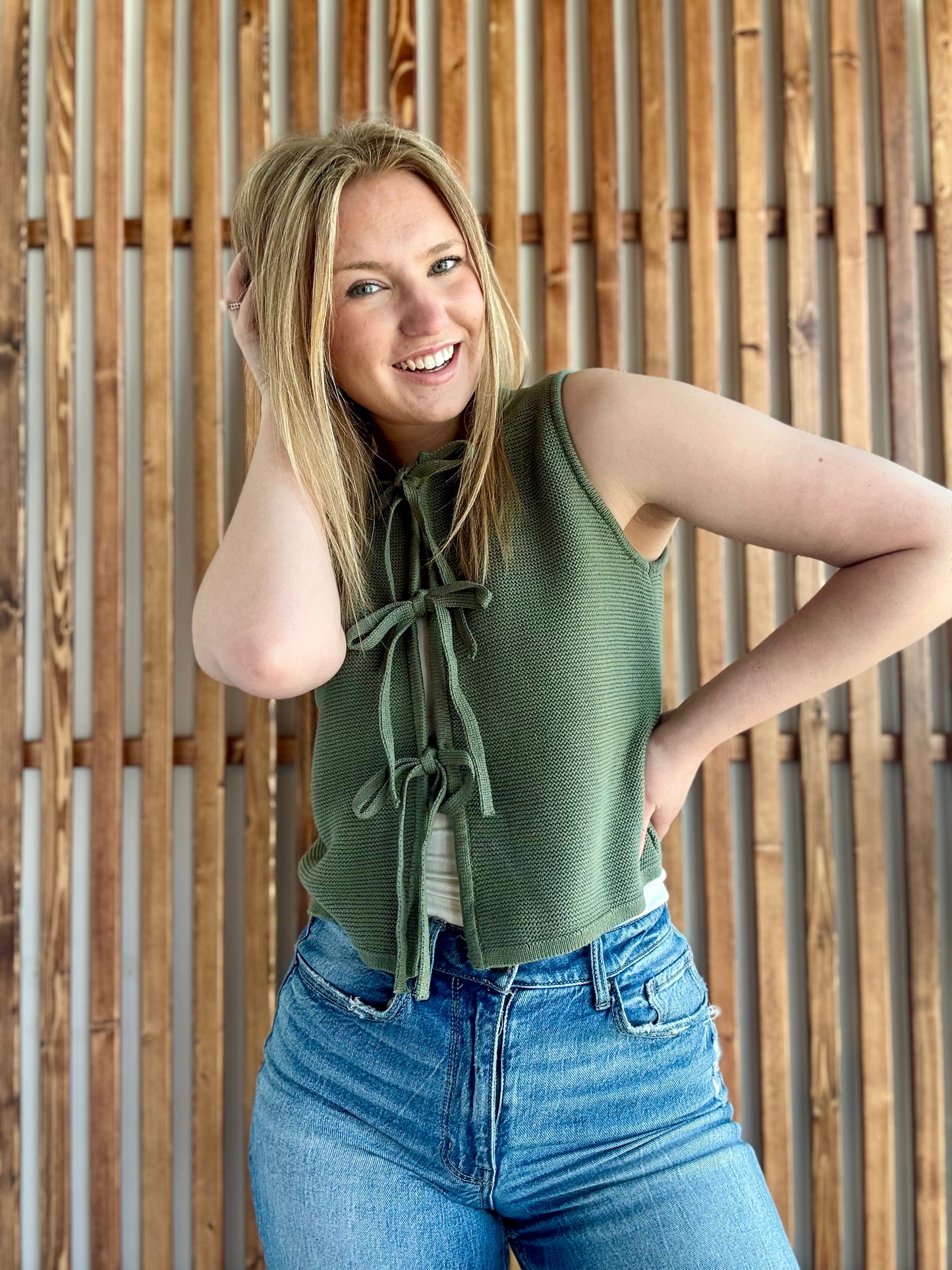 Tie Front Sweater Vest - Light Olive