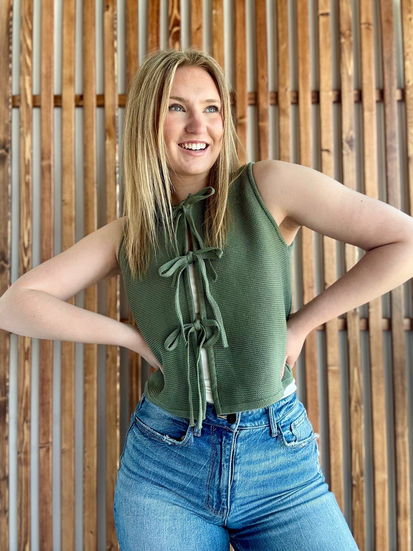 Tie Front Sweater Vest - Light Olive