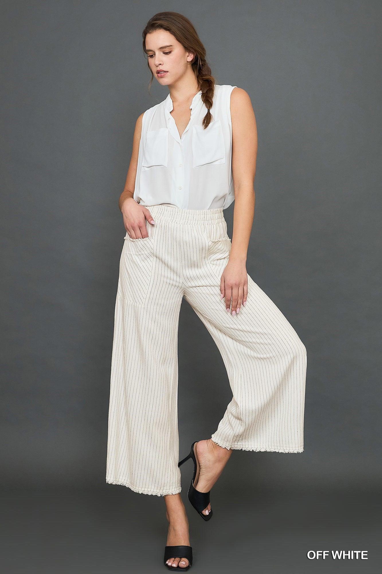 Off White Linen Blend Striped Wide Leg Pants