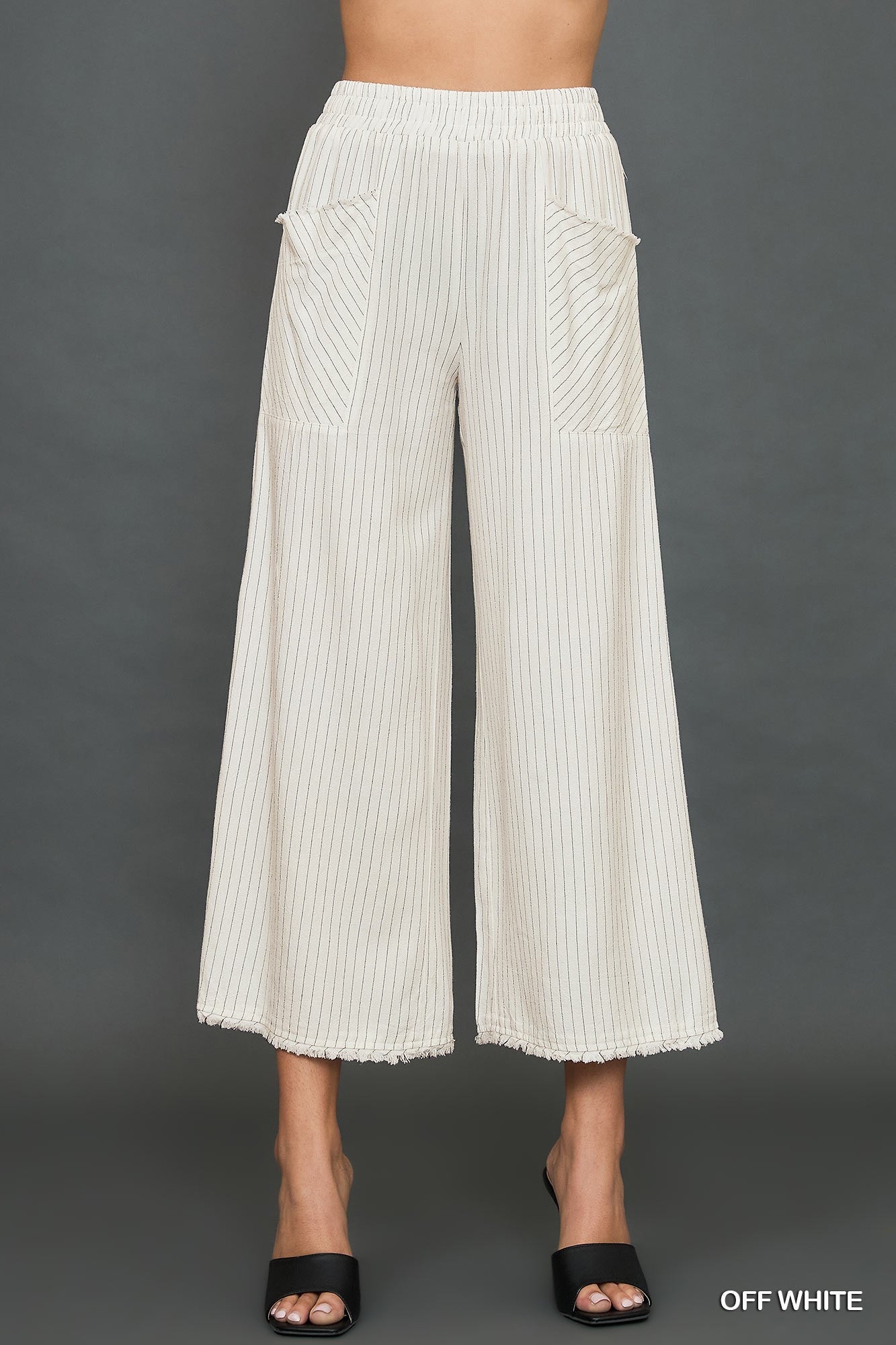 Off White Linen Blend Striped Wide Leg Pants