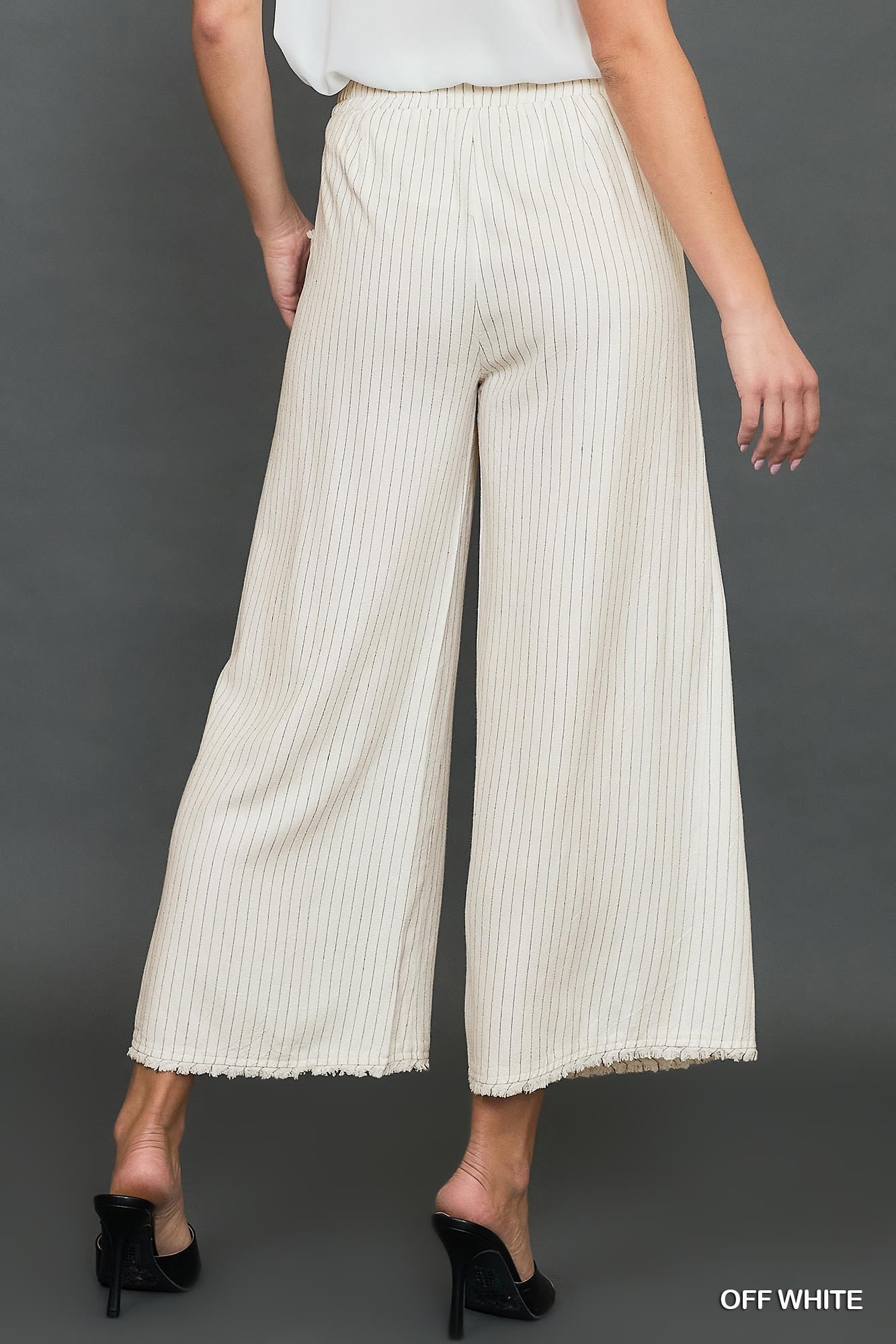 Off White Linen Blend Striped Wide Leg Pants