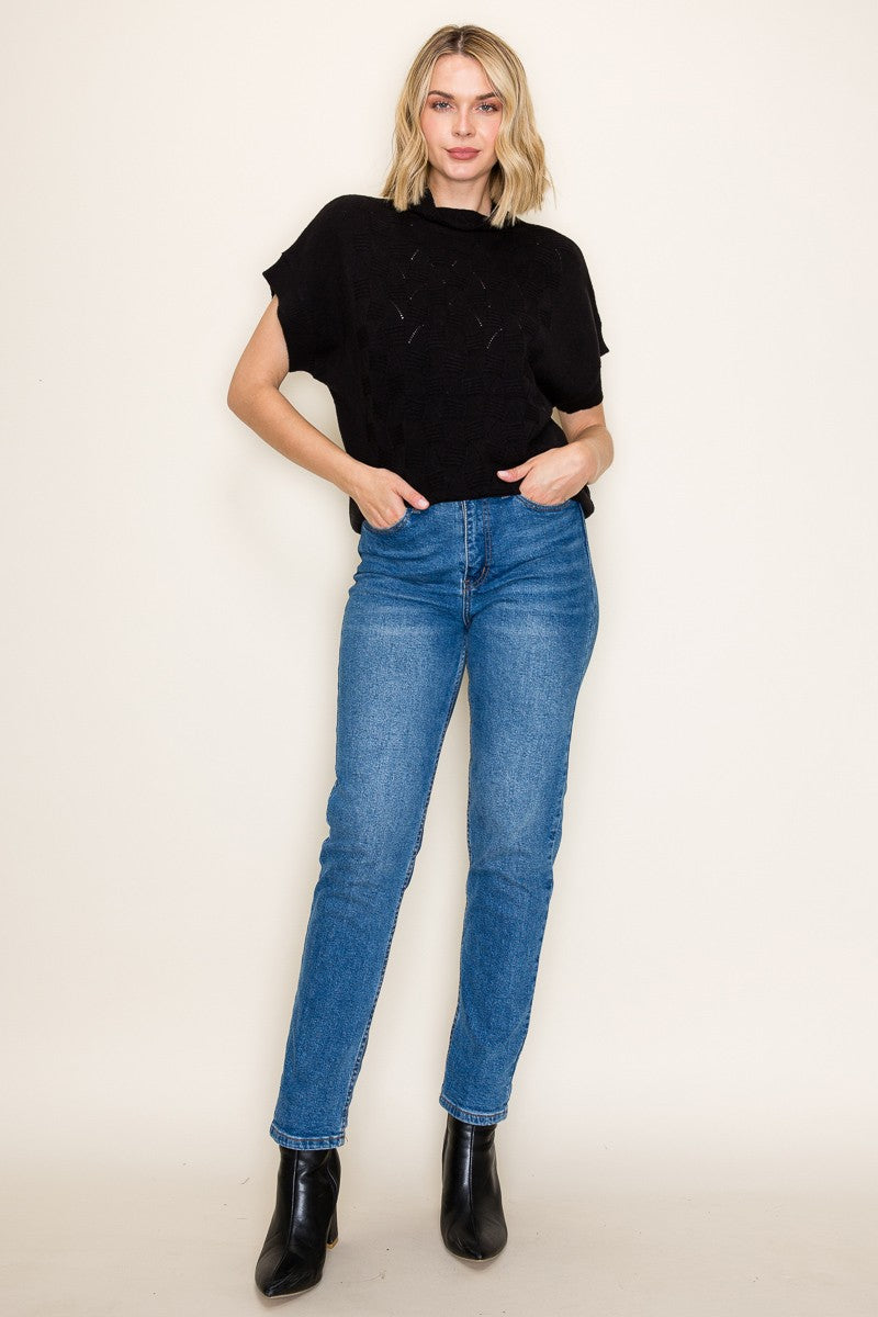 Mock Neck Extended Short Sleeve Sweater - Black