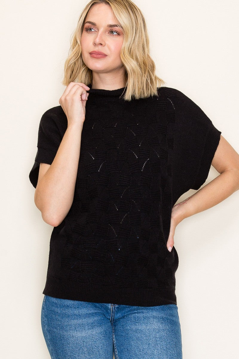 Mock Neck Extended Short Sleeve Sweater - Black