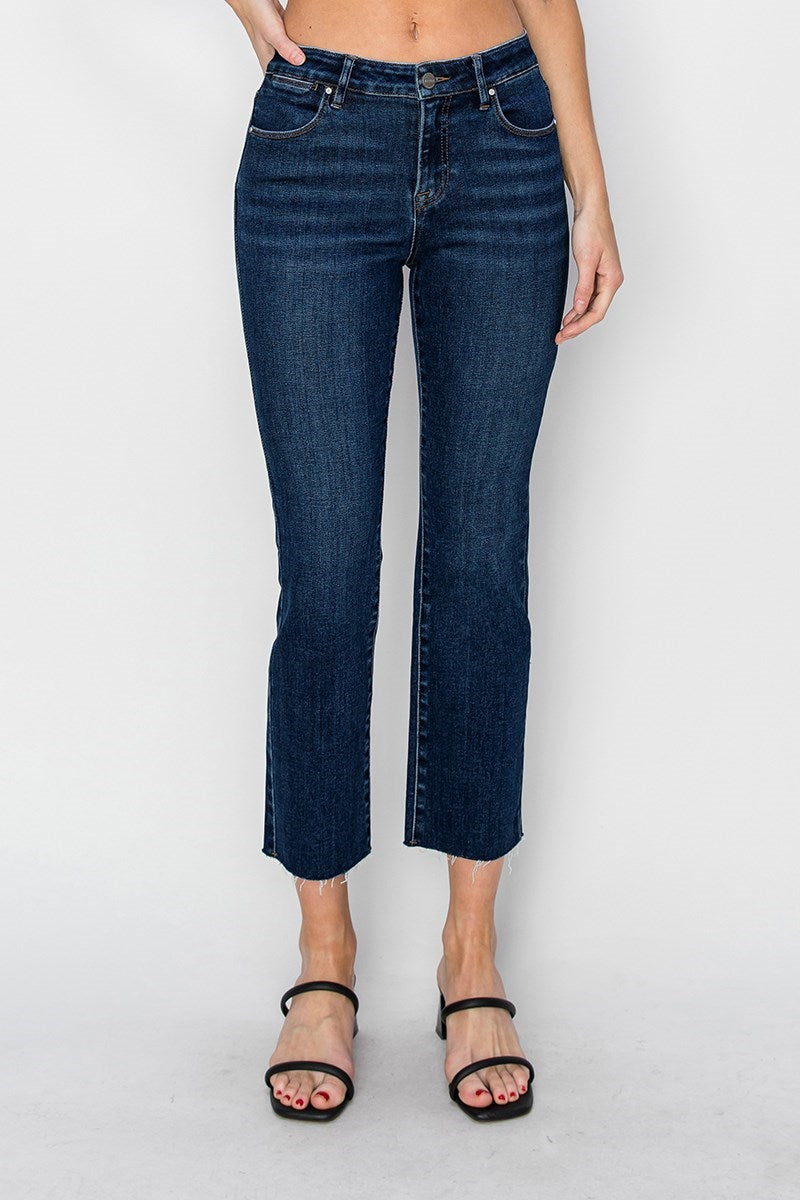 Ivy MR Crop Straight Raw Hem Risen Jeans - Dark