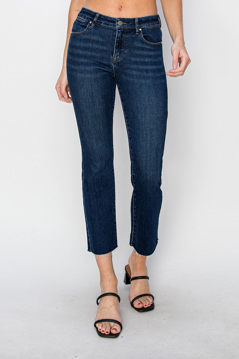 Ivy MR Crop Straight Raw Hem Risen Jeans - Dark