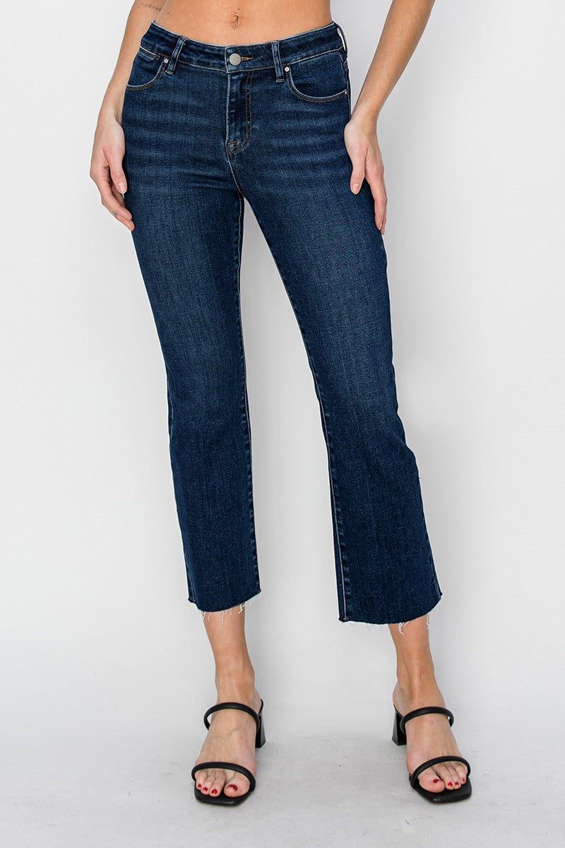 Ivy MR Crop Straight Raw Hem Risen Jeans - Dark
