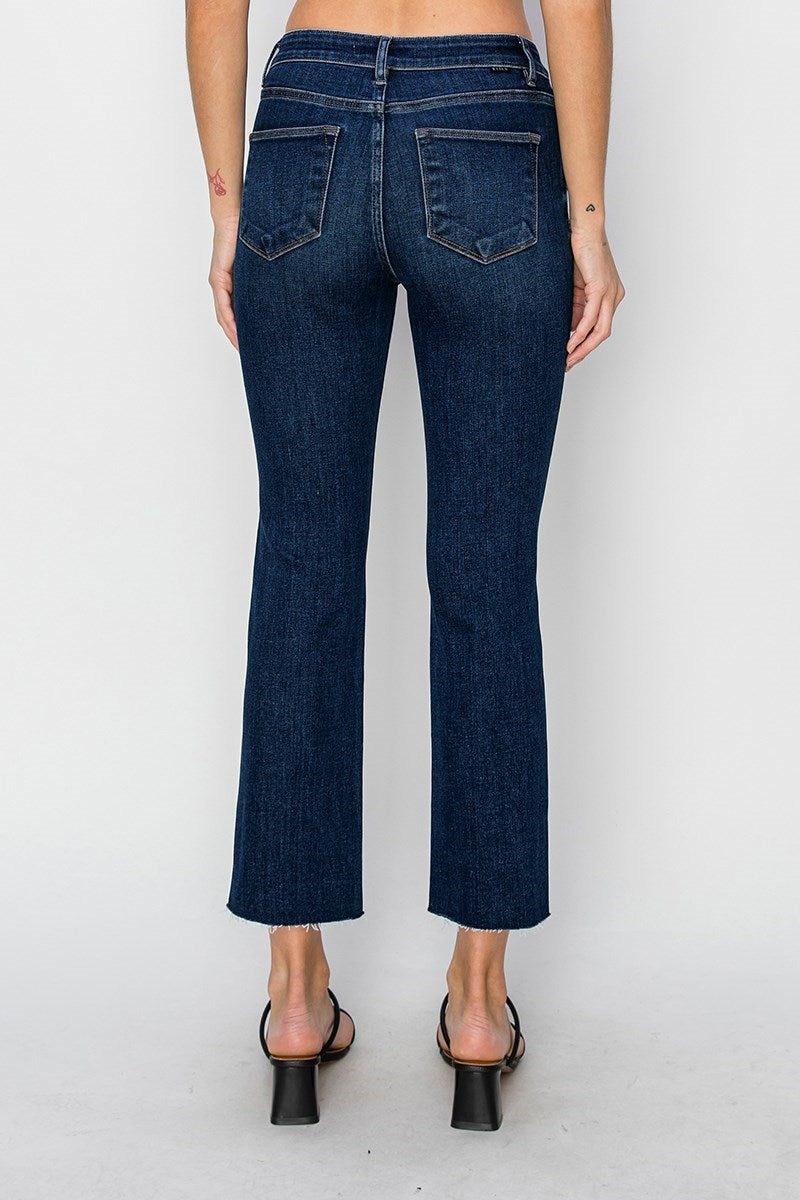 Ivy MR Crop Straight Raw Hem Risen Jeans - Dark