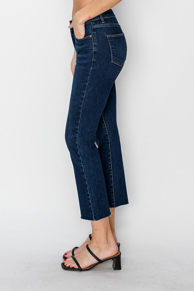 Ivy MR Crop Straight Raw Hem Risen Jeans - Dark