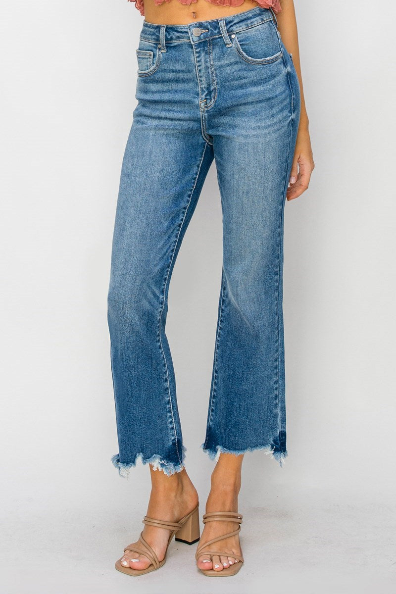 Hilary HR Crop Flare Fray Hem Risen Jeans