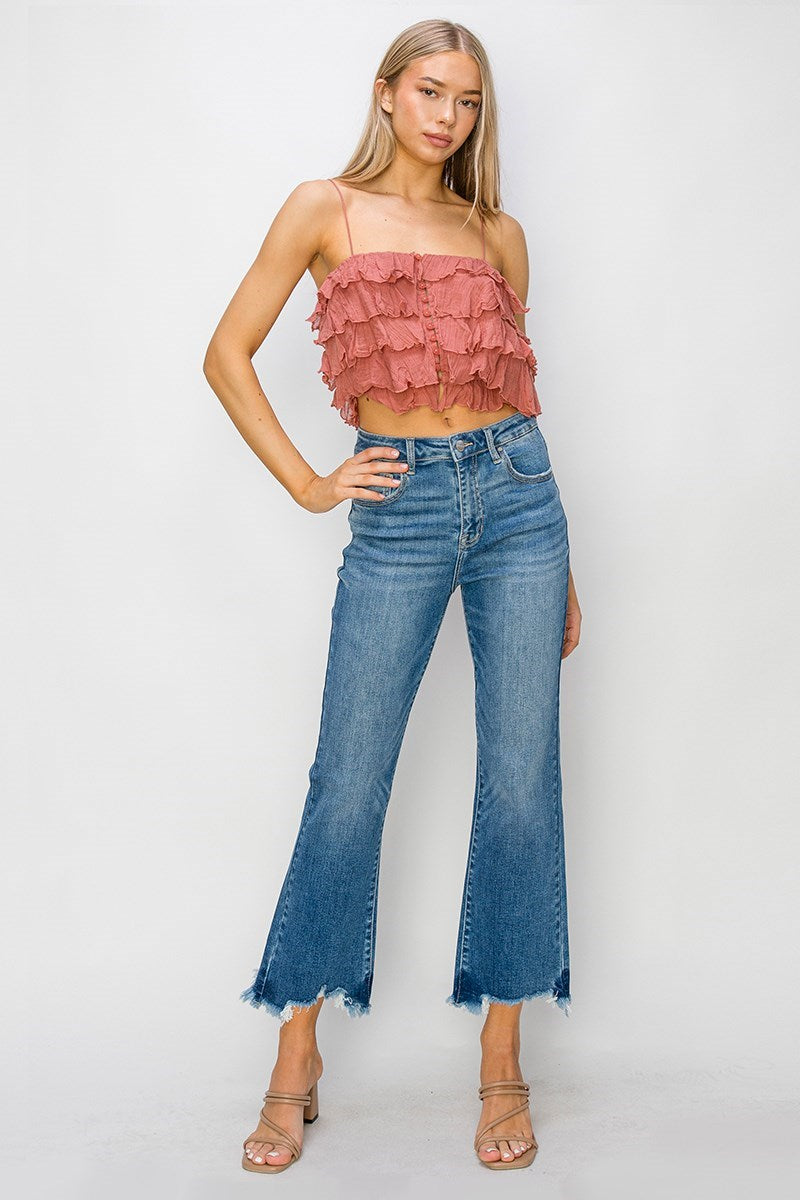 Hilary HR Crop Flare Fray Hem Risen Jeans
