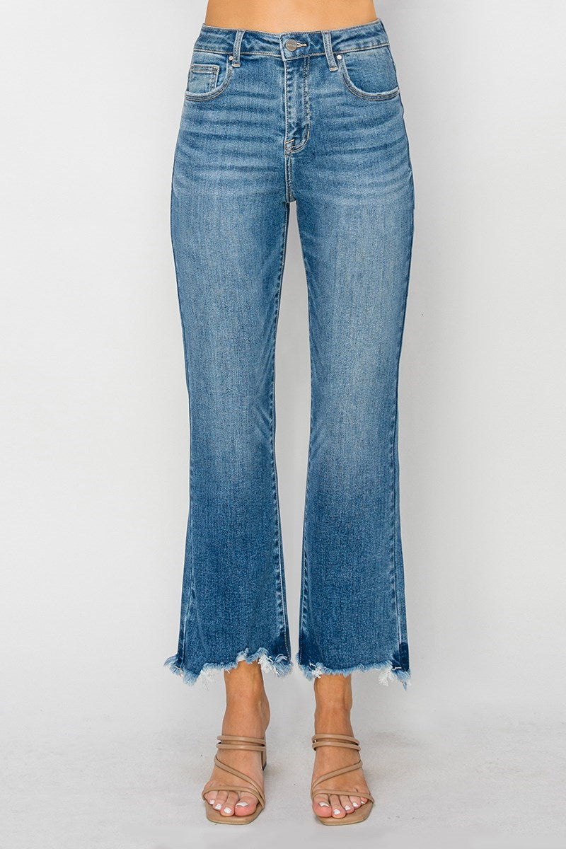 Hilary HR Crop Flare Fray Hem Risen Jeans
