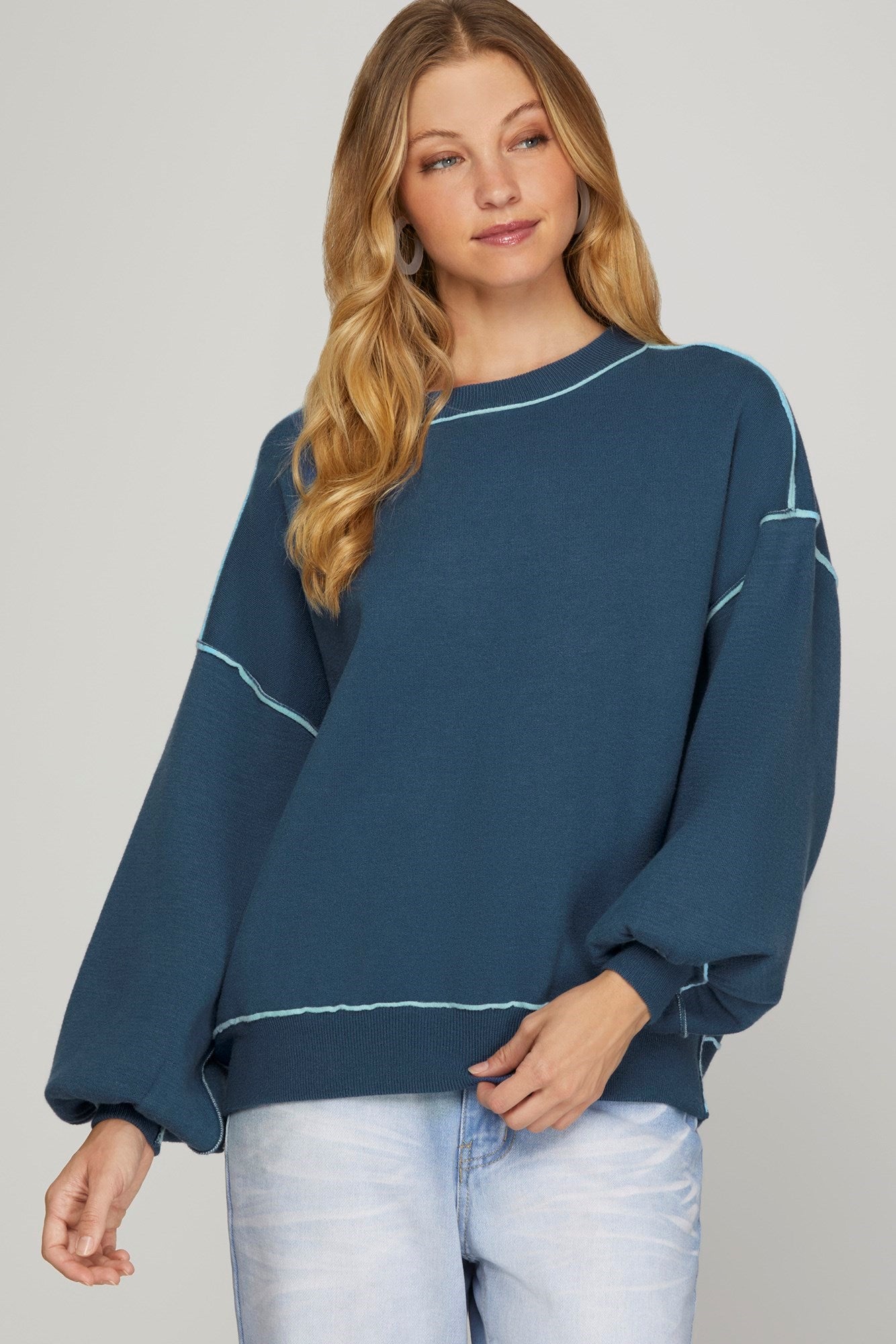 Crew Neck Contrast Seam Sweater - Dusty Blue