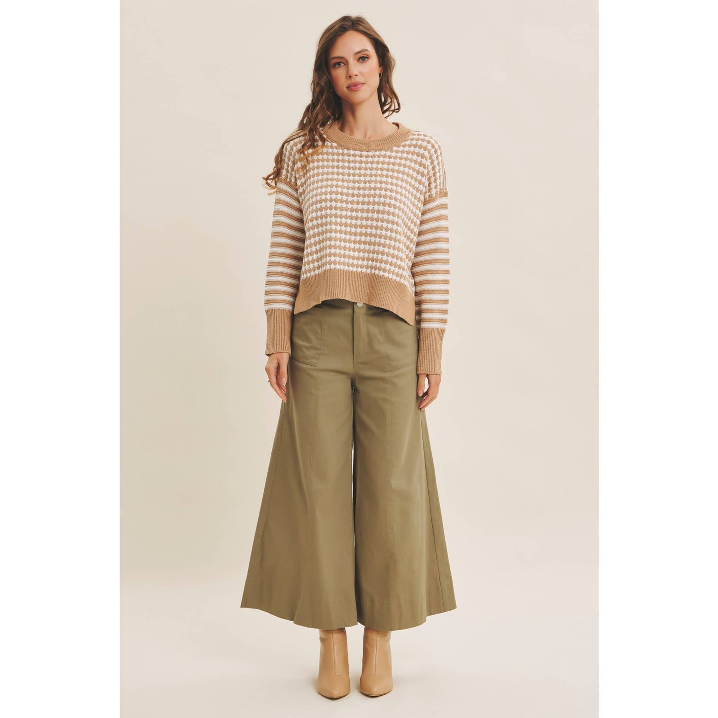 Relaxed Fit Textured Mix Stripe Sweater - Camel